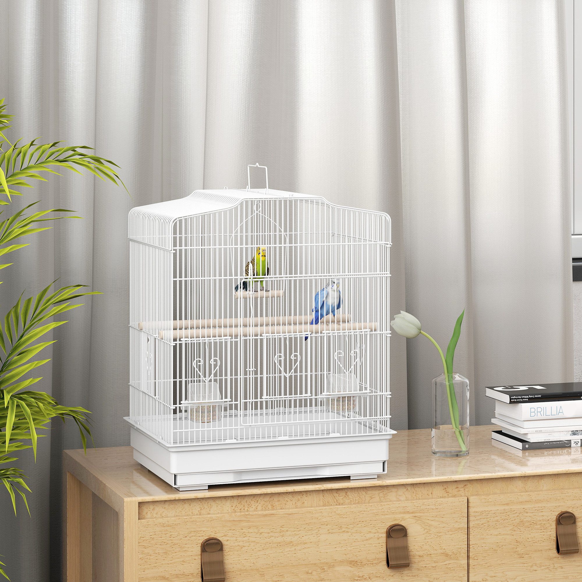 PawHut Vogelkäfig Vogelhaus Vogelvoliere Wellensittich Vogelbauer, mit ausnehmbarer Bodenschale Weiß 46,5 x 36 x 59 cm