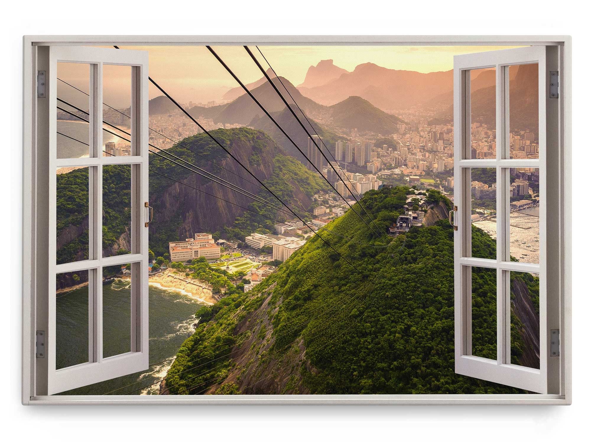 Sinus Art Leinwandbild Wandbild 120x80cm Fensterbild Rio de Janeiro Berge Seilbahn Brasilien, (1 St)