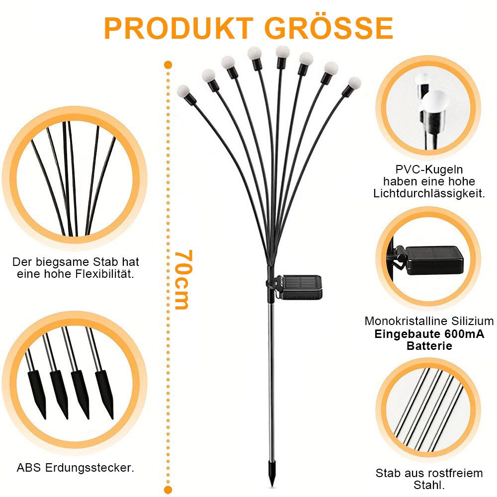 MUPOO LED Gartenleuchte LED-Lichterkette Leuchten Solarbetriebene Glühwürmchen IP65, 2 Stück, 8 LED-Leuchten, Solar Glühwürmchen Warmweißes/RGB,Garten Deko Glüh – Bild 5 von 5