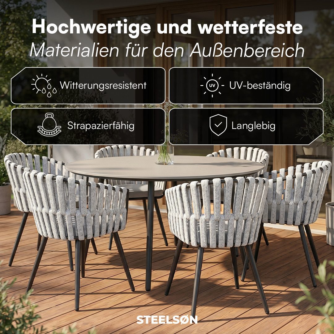 STEELSØN Gartenstuhl Tarian mit Sitzkissen, Loungesessel im Rope-Design (6er-Set, Hellgrau), wetterfest & höhenverstellbar, bis 120kg belastbar – Bild 5 von 5