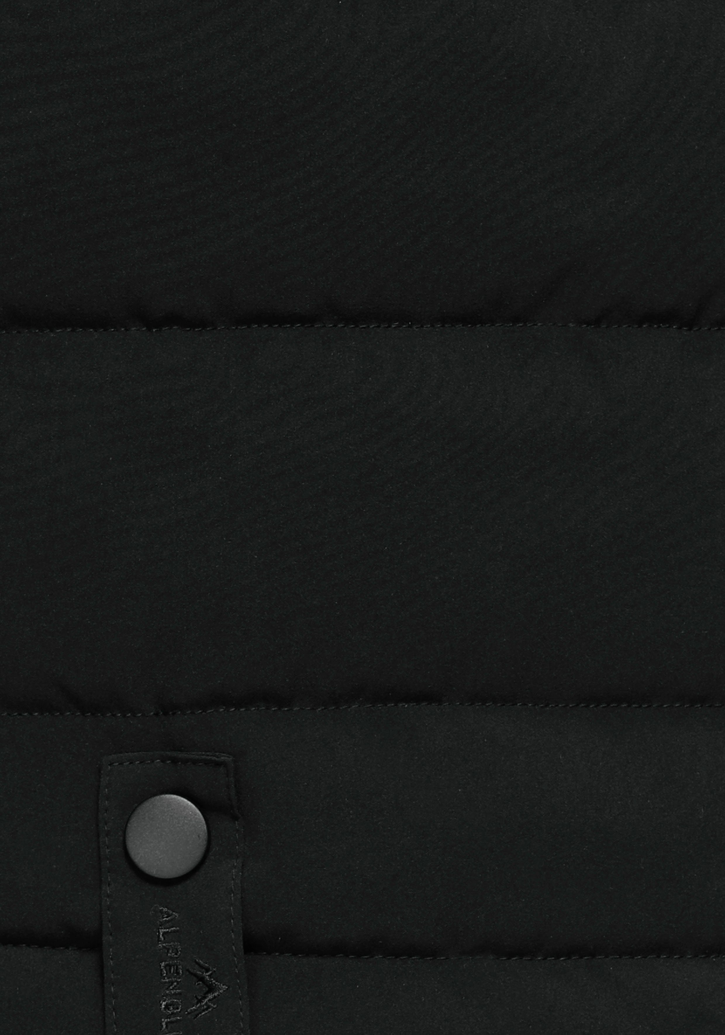 ALPENBLITZ Steppmantel Oslo & Markenprägung dem abnehmbarer auf nachhaltigem long aus Mantel (Jacke Material) Kuschel-Kapuze mit Gürtel black