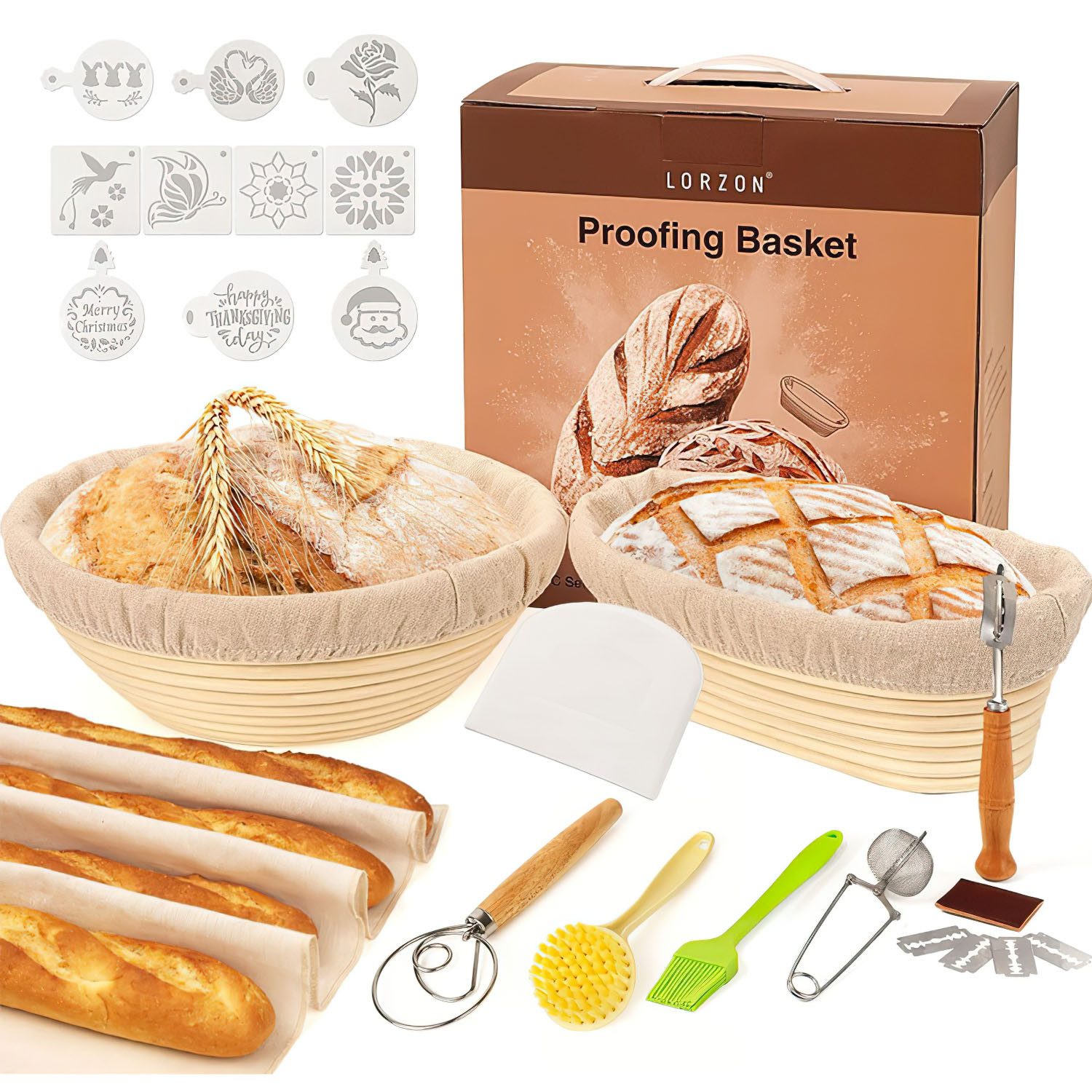 Refined Living Brotkorb Gärkorb zum Brotbacken Bäckermesser Brotbackform Gärkörbchen Oval, (Oval 25 cm und Rund 22cm Innen mit Leinentuch Nachhaltig und Natürlich, 1-tlg), 10 stück Backen Zubehör Brotkorb Teigschneider Gärfolie Brot Rattan