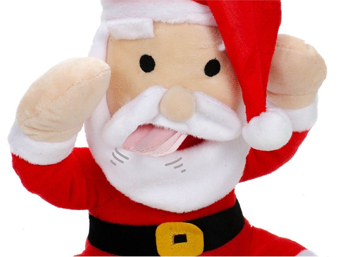 (Weihnachtsmann Knopfdruck rausgestreckter Lustige Musik Ton, Weihnachtsmann Bubble-Store Augen Hände während Weihnachtsfigur mit gehen), Bells Wackelzunge, Bewegung Weihnachtsfigur zurück und Figur spielt auf die mit mit vor Jingle die und
