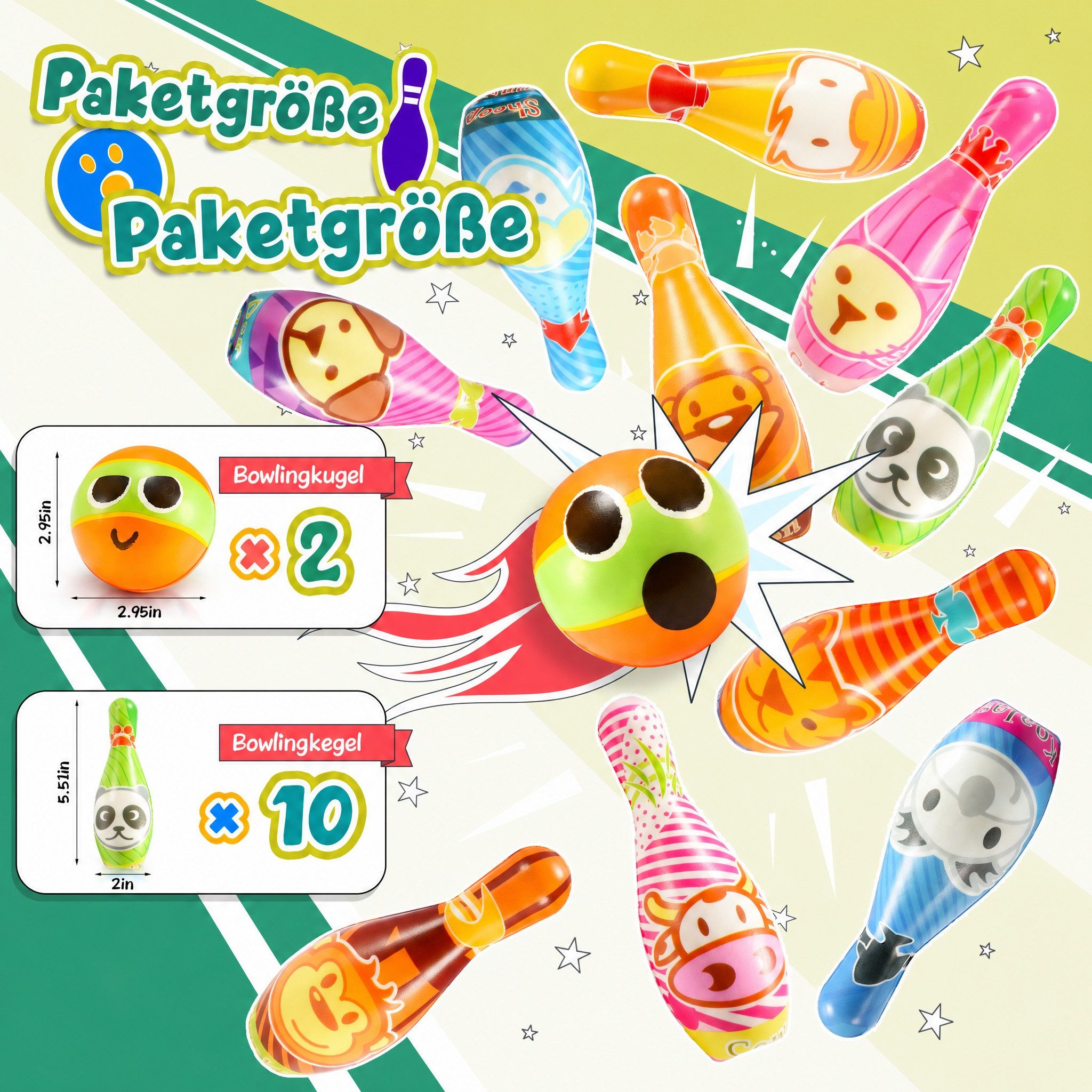 Wootoy Spiel Kinder Bowling-Set Spielzeug-Gartenset Outdoor-Spielzeug Kegelspiel, Kinderspiel, mit 10 nummerierten Kegeln und Ball
