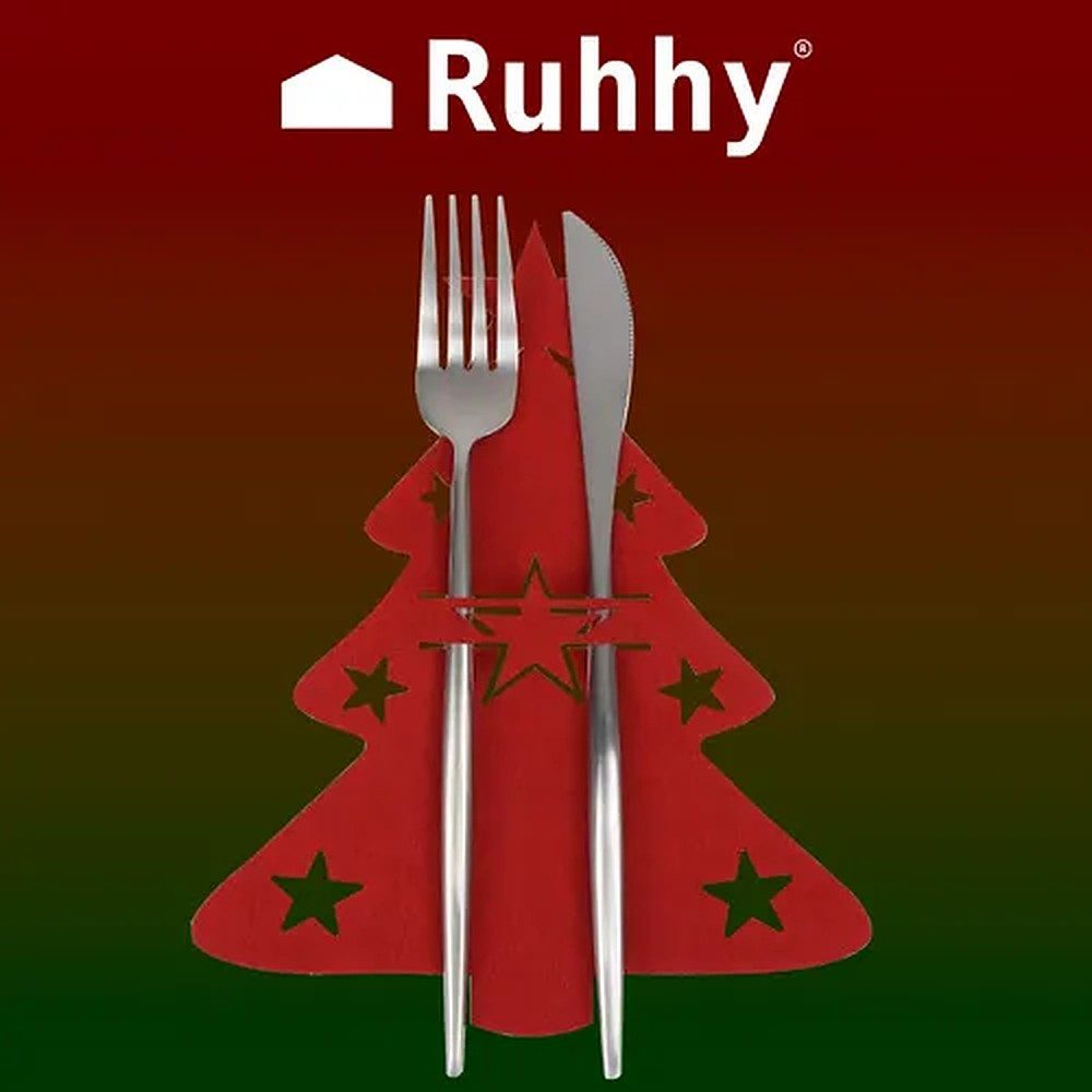 Ruhhy Besteckkoffer Besteckhüllen Tischdekoration Weihnachtsdeko (12-tlg), 12 Personen, Filz, Weihnachtsbaum-Motiv, 2-in-1 auch als Untersetzer von Ruhhy