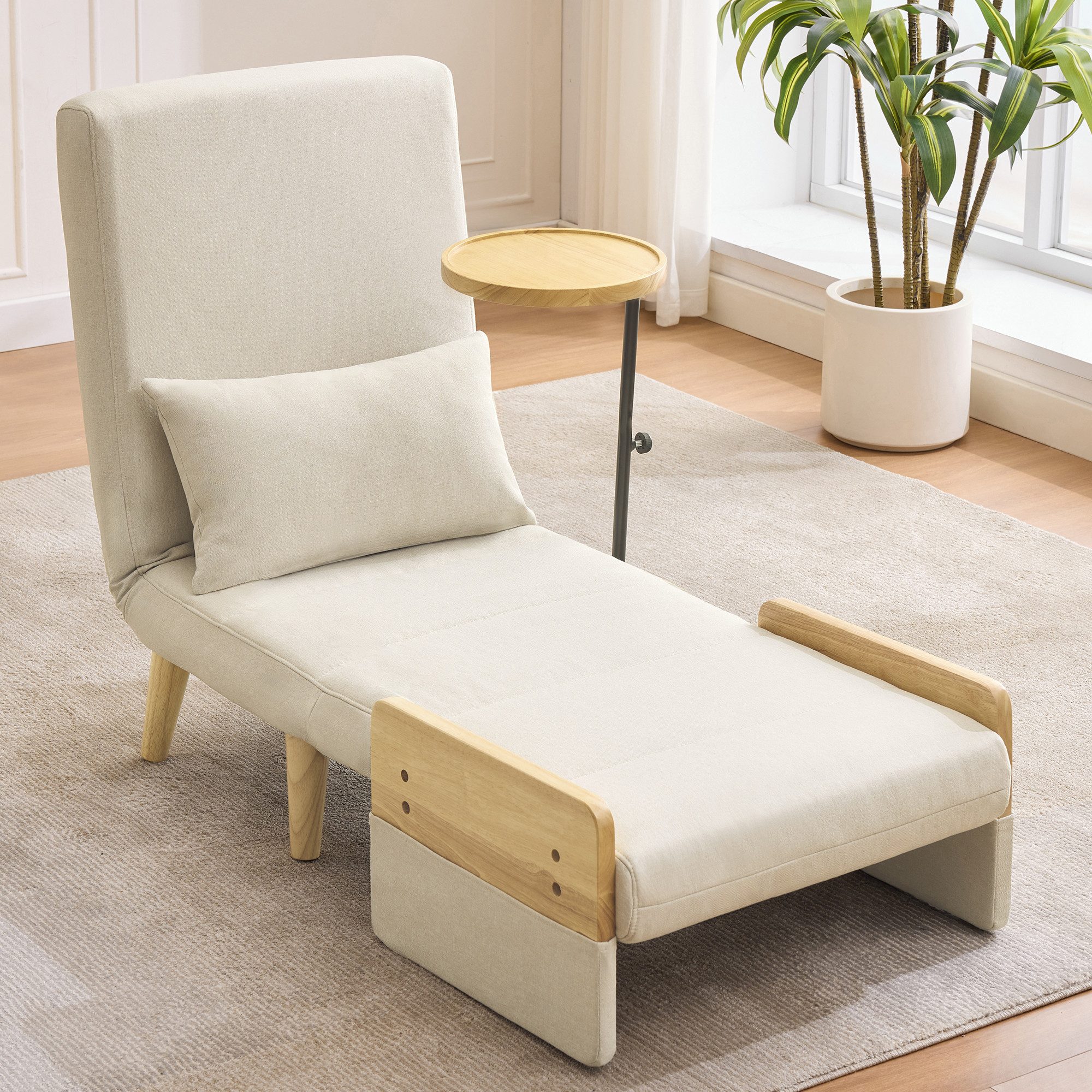 Flieks Loungesessel 3-in-1-Umbausessel mit Schlaffunktion (Beine und Armlehnen aus Massivholz, 1-St., mit Holztablett und Kissen, 6-fach verstellbare Rückenlehnenfunktion), Klappsessel Polstersessel mit Relaxfunktion Einzelsofa Leinen
