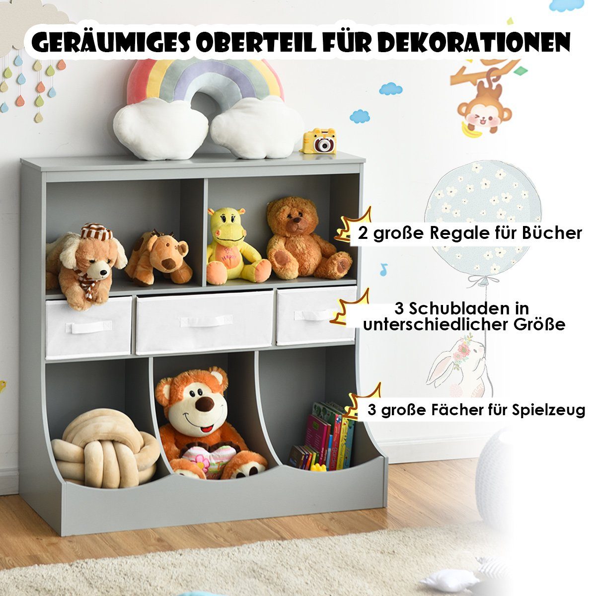 COSTWAY Bücherregal, Kinder, 3 Ebenen, mit 5 Regalfächern & 3 Schubladen