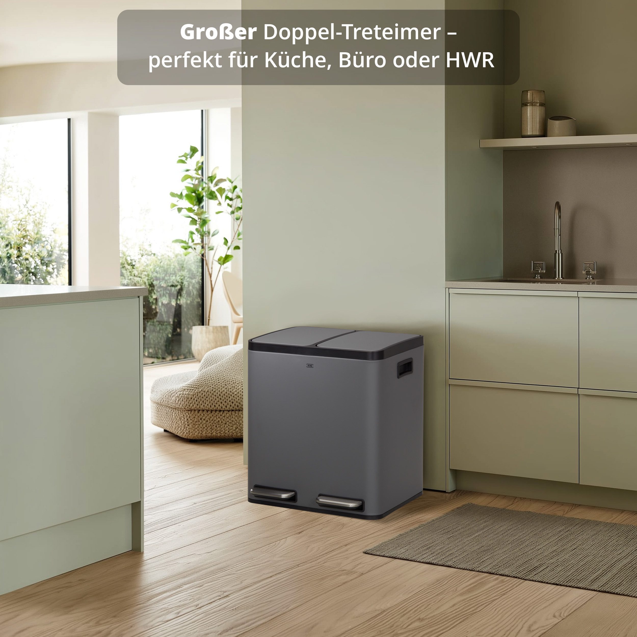 KHG Mülltrennsystem Mülleimer Grün pulverbeschichtet 30 Liter (2x15 L) Trittmechanismus, Metallgehäuse mit Griffmulden, herausnehmbare Kunststoff-Inneneimer
