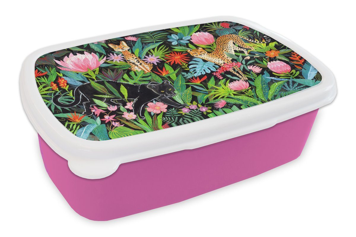 MuchoWow Lunchbox Dschungel - Pflanzen - Tiere, Kunststoff, (2-tlg), Brotbox für Erwachsene, Brotdose Kinder, Snackbox, Mädchen, Kunststoff rosa