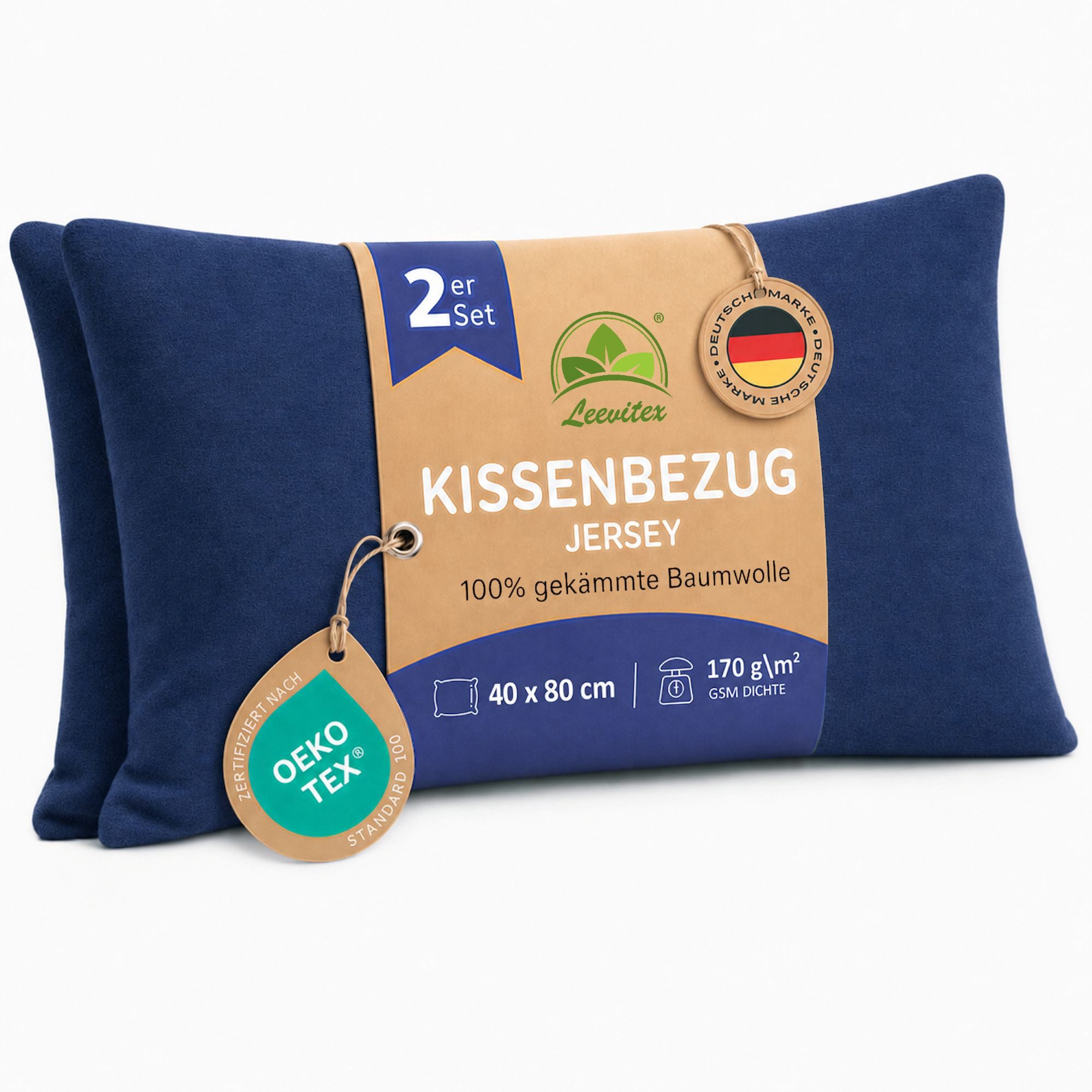 leevitex® Kissenbezüge Kissenbezug 40 x 80 cm, 2er Set, Navyblau/Marine, (2 Stück), feine Jersey-Qualität, 100% Baumwolle, robuster Reißverschluss