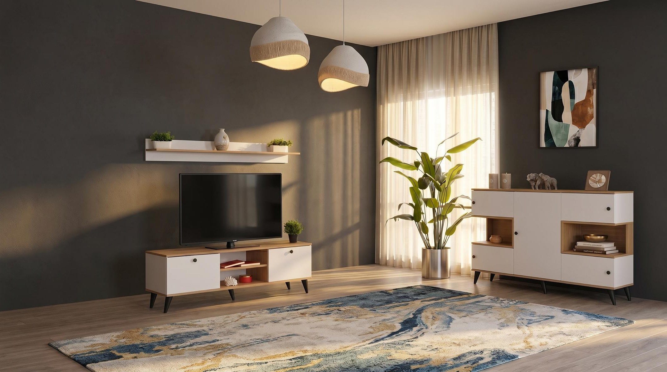 Xlmoebel Wohnwand Weißes TV-Möbelset aus Holz mit Regal und Schubladen, Made in Europa
