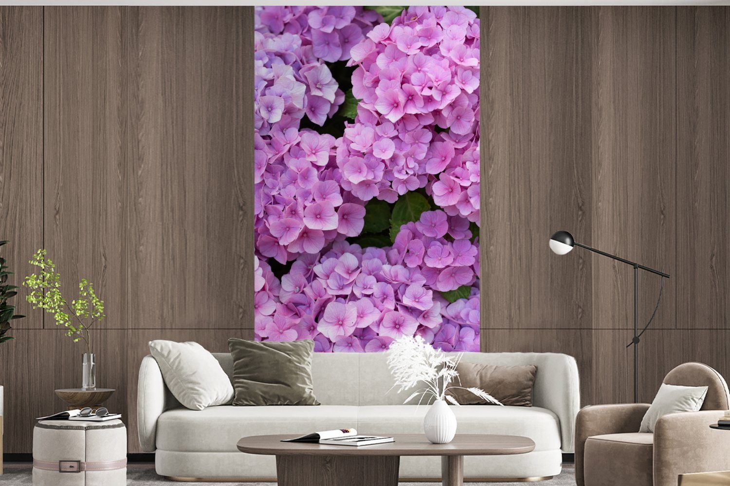 - (2 Wohnzimmer Fototapete - Küche, - MuchoWow Matt, St), - Blumen Vliestapete bedruckt, für Schlafzimmer Hortensie Strauch Fototapete Rosa Blütenblätter,
