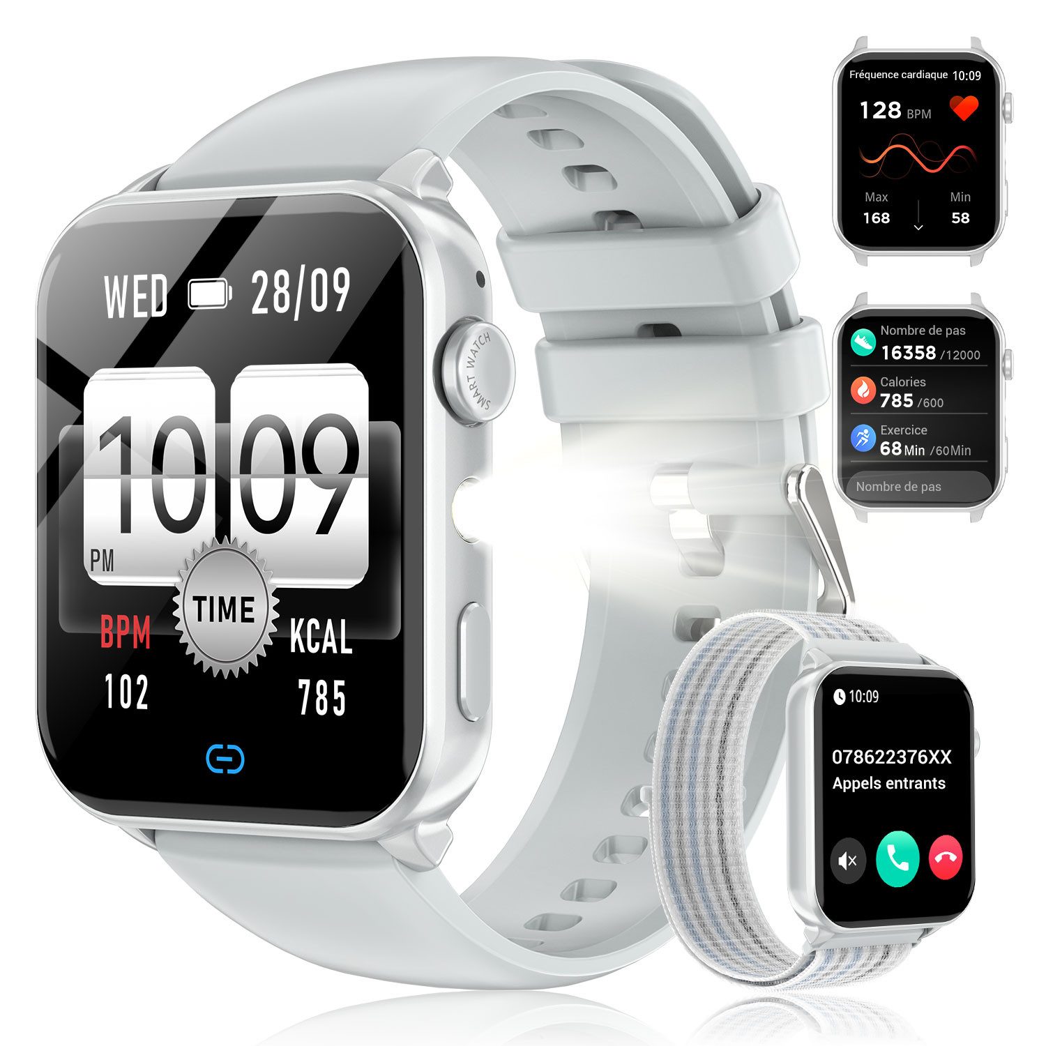 blackview Smartwatch Herren Damen, LED-Leuchte, 350mAh (6 Tage), 2 Armbänder Smartwatch (1.91 Zoll, iOS/Android), mit Wechselband aus weichemSilikon und Ladekabel, Antwort & Anruf tätigen,Herzfrequenz,Schlafmonitor,SpO2,Schritten,IP68