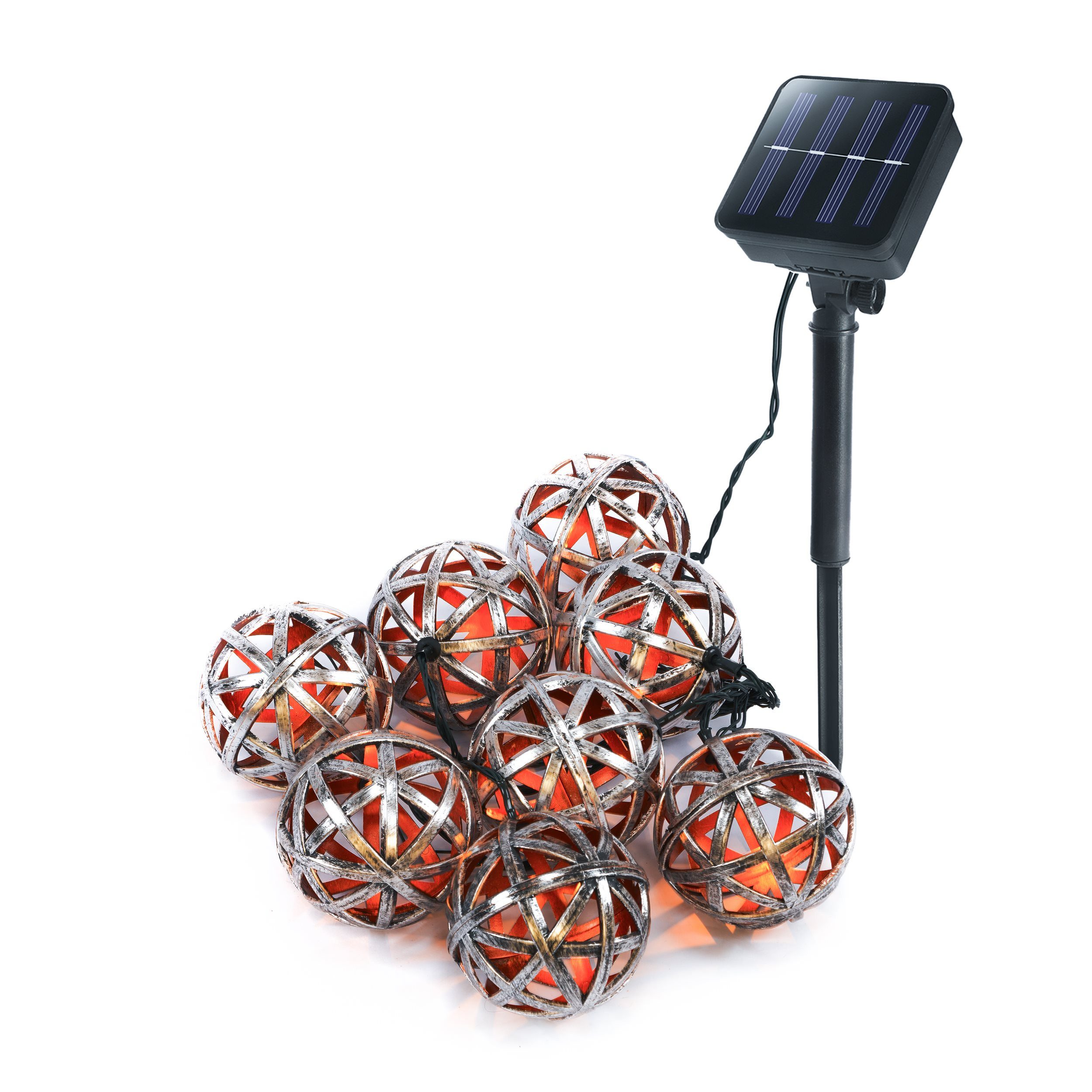 esotec LED Gartenleuchte Solarkette 8 Kugeln Valerie 2m +2m Kabel 2500K silber/kupfer 103016, Dauerlicht, ON/OFF, LED fest integriert, 2500K warmweiß, 8 Leuchtkugeln mit Ornament-Bandverzierung, solarbetrieben