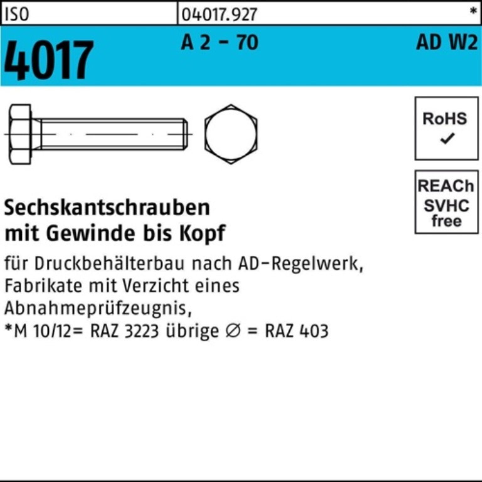 4017 Sechskantschraube 50 AD-W2 Sechskantschraube 70 - A Pack VG 2 St 100er M12x Bufab 55 ISO