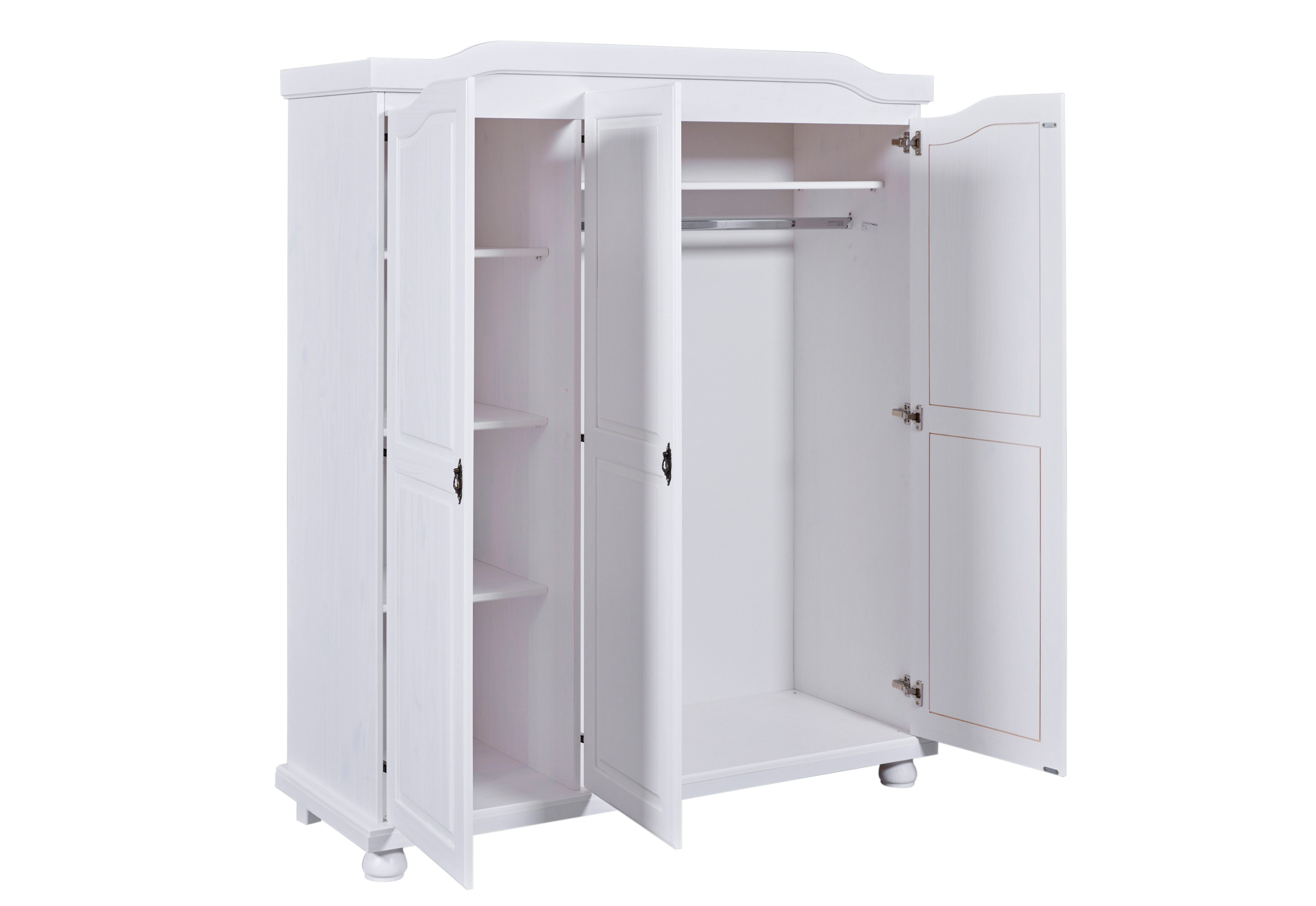 Inter Link Kleiderschrank Bastian Massivholz, 6 Fächer, Kleiderstange, 3 Türen, lackiert, Landhausstil