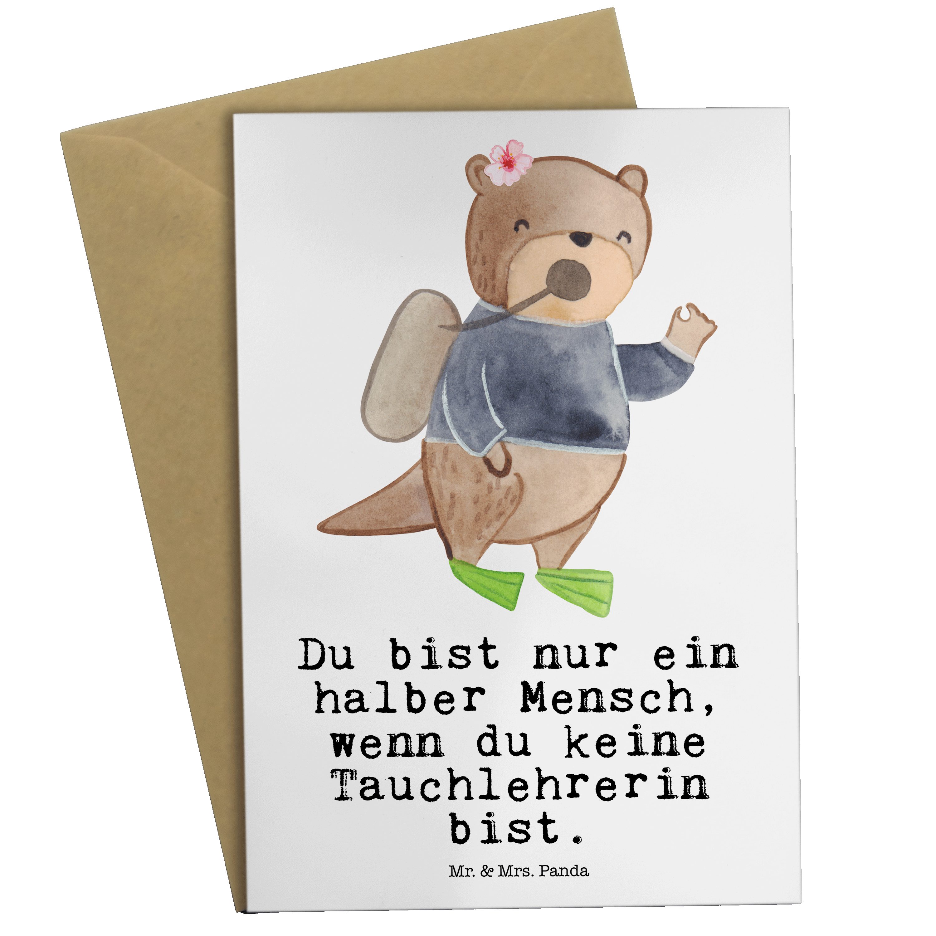 Grußkarte Geschenk, Klappkarte, Herz & Hochzeitskarte Weiß Mr. Mrs. Panda - Tauchlehrerin mit -