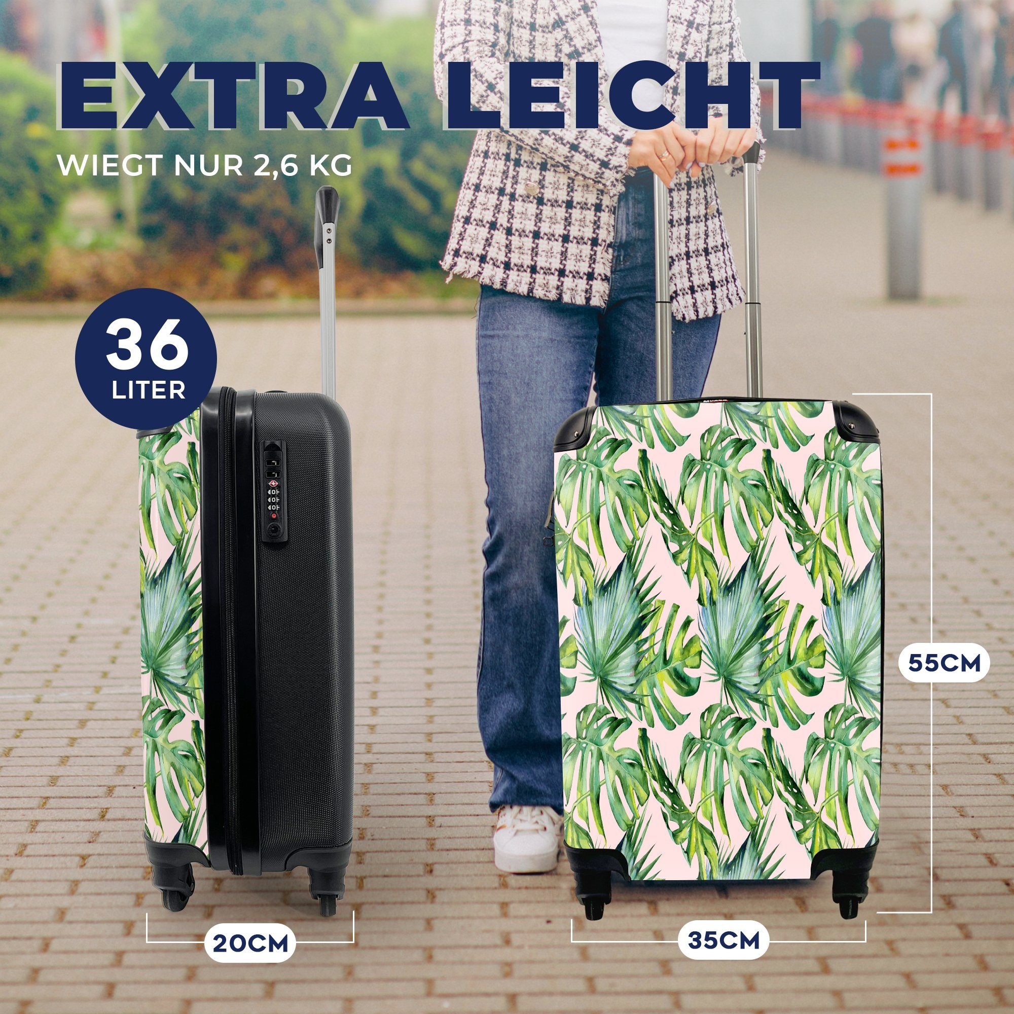 mit Ferien, - Tropisch, Handgepäck Handgepäckkoffer - Monstera Reisetasche MuchoWow Jahrgang Rollen, rollen, Reisekoffer 4 Trolley, für