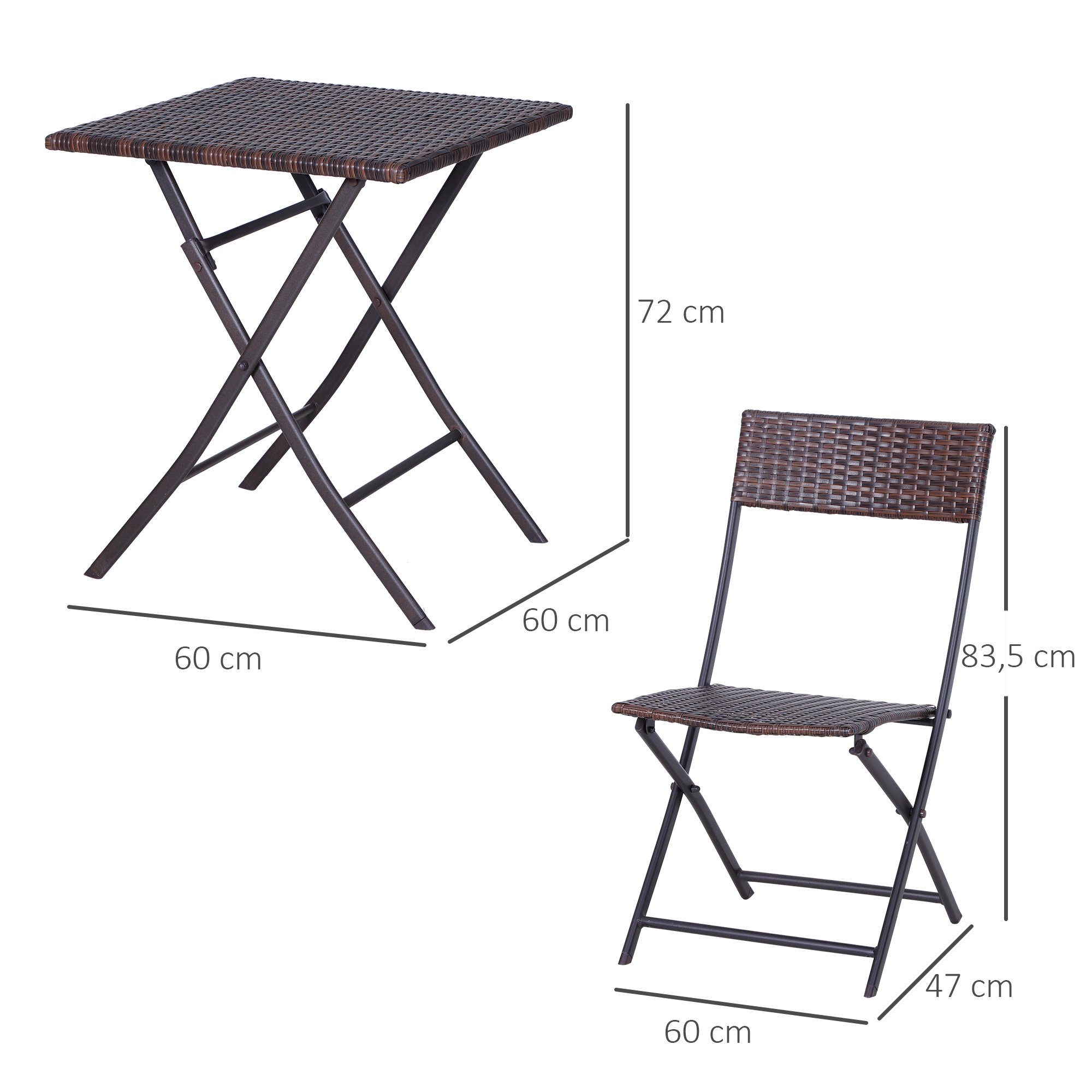 Outsunny Gartenlounge-Set mit 2 Stühle, Tisch, (Outdoor Balkonmöbel für 2 Personen, 3-tlg., Polyrattan Gartenmöbel Set), für Garten, Terrasse, Balkon, Kaffeebraun