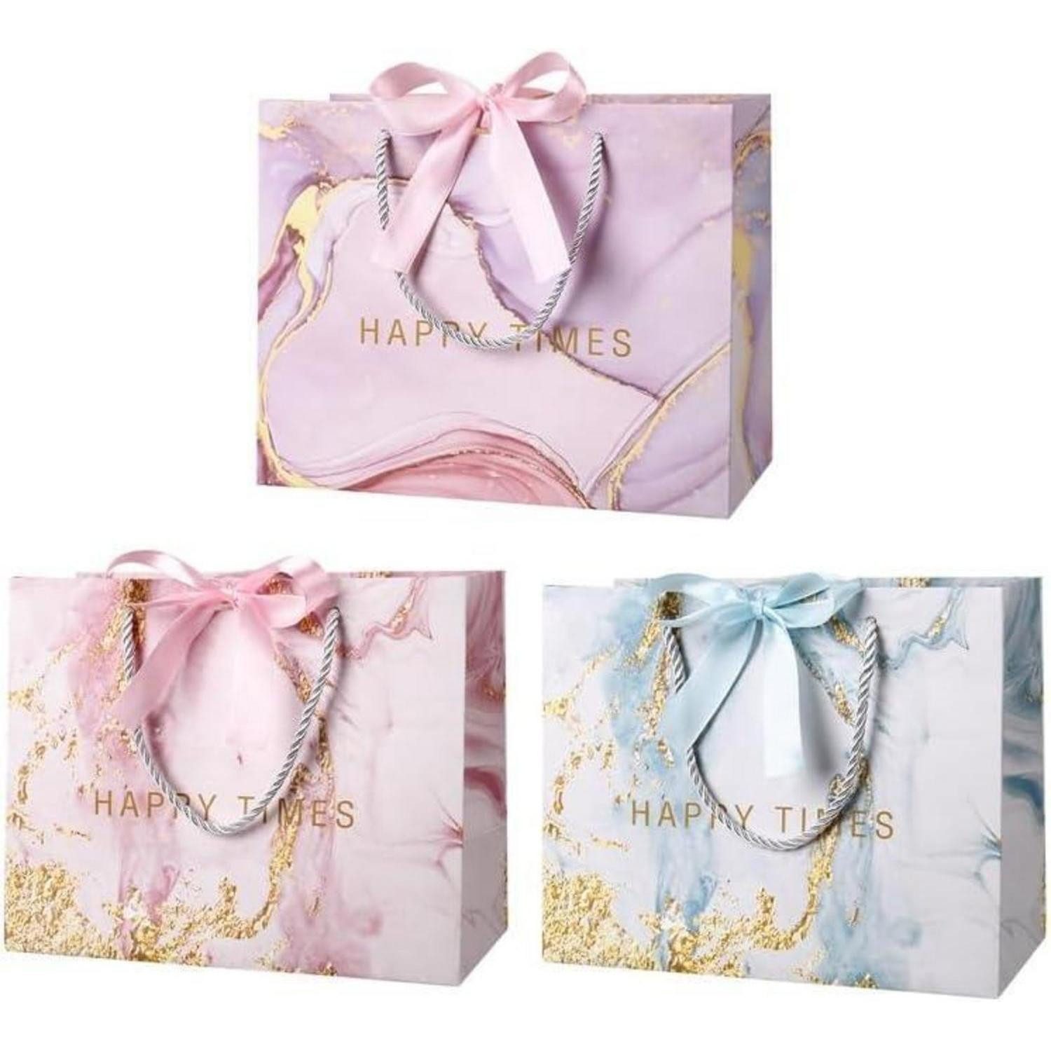 LuxusKollektion Geschenkpapier Geschenktüten 3er Set Marmormuster 25x20x12cm Schleifenband Papiertüte