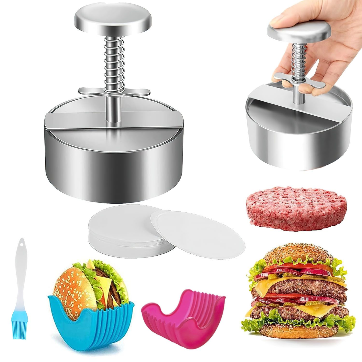 Refined Living Burgerpresse BurgerPresse 50 Wachspapier Antihaft-Fleisch Patty Hamburger Maker , Edelstahl, 2 x Burger Holder Silikon,100g - 400g Patty Burger BBQ Grill 