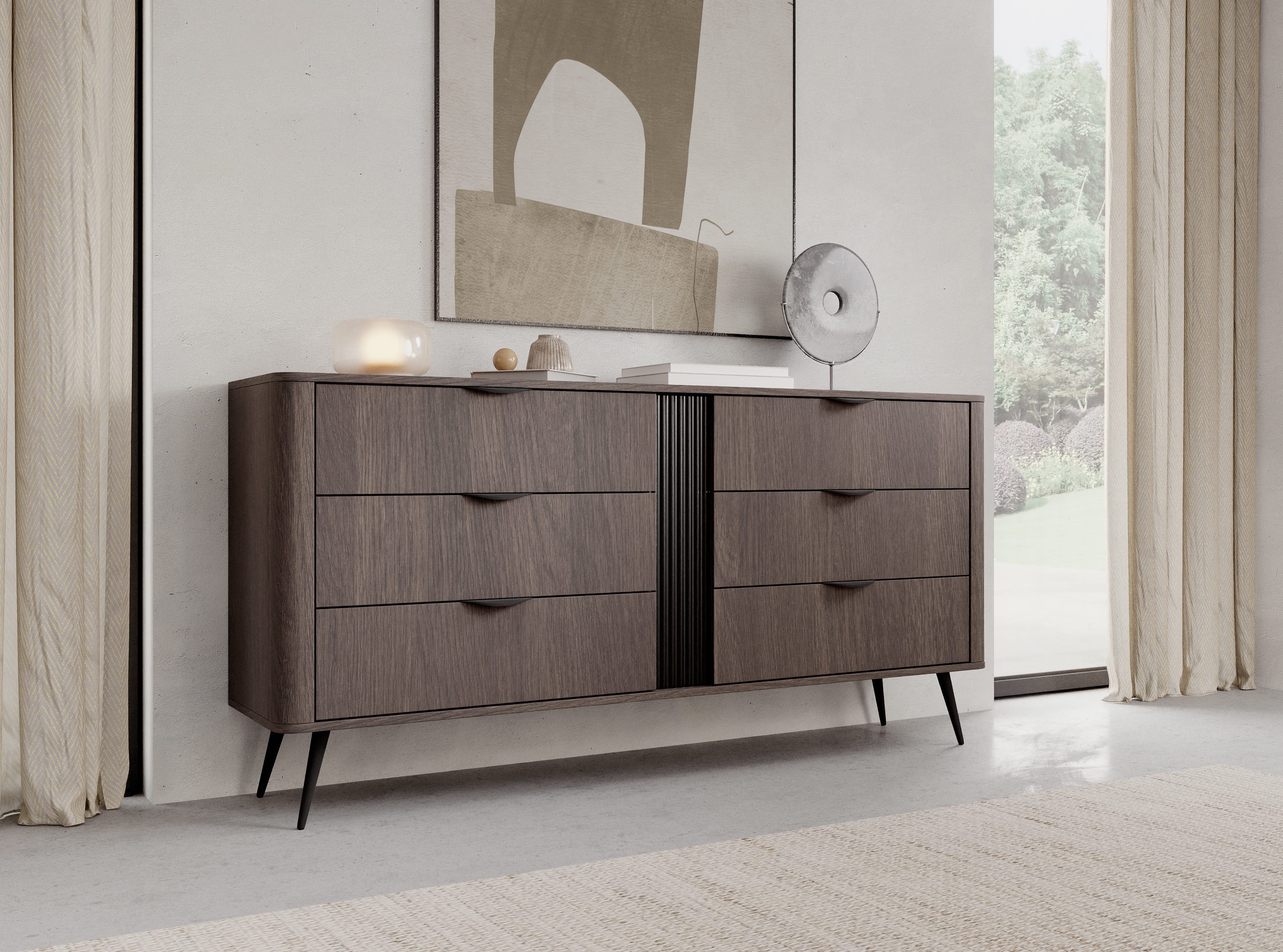 MOEBLO Kommode LARON 163 6s (Eiche Dunin, Schwarz – Großzügige 6-Schubladen-Kommode mit Metallfüßen und geriffeltem Frontdetail, Sideboard Wohnzimmer Kommode Schlafzimmer Komodenschrank Highboard), (BxHxT): 163,2 x 81,2 x 38 cm