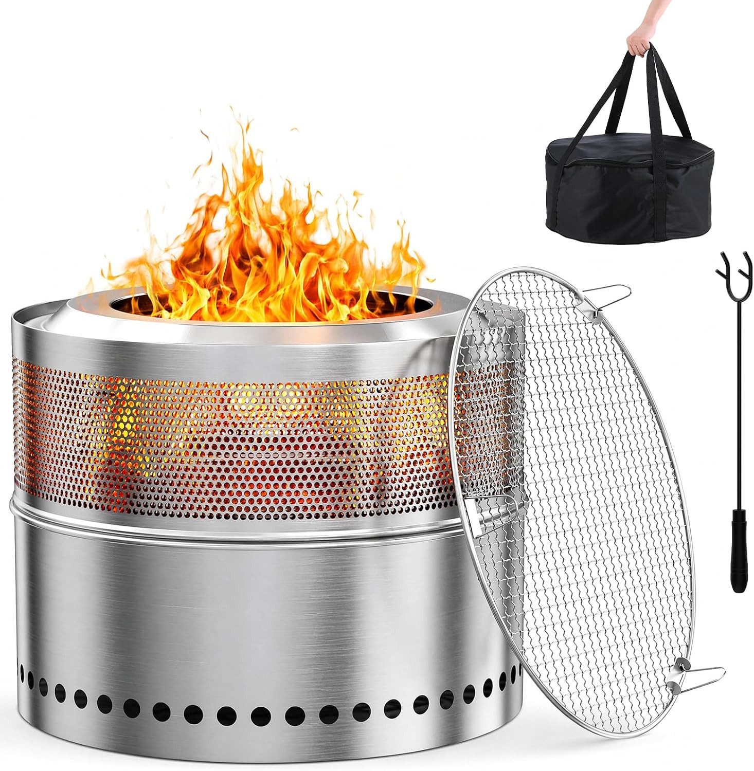 TLGREEN Feuerschale Raucharme Feuerschale 50 cm aus Edelstahl, (doppelwandiger Feuerkorb mit herausnehmbarer Ascheschale, 2‑in‑1 Outdoor‑Feuerstelle mit Grillrost), Schürhaken & Tragetasche für Garten, Terrasse und Camping