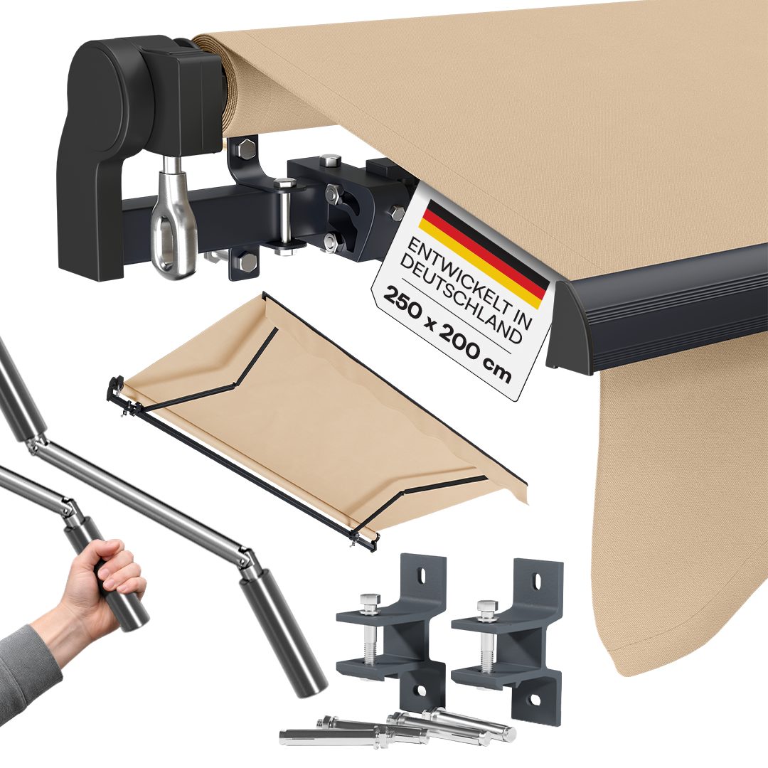 STEELSØN Gelenkarmmarkise Kestria wetterfest & blickdicht (250x200 cm, beige) mit Aluminium-Kassette & Wandhalterung, langlebiges Kunstftoffgewebe