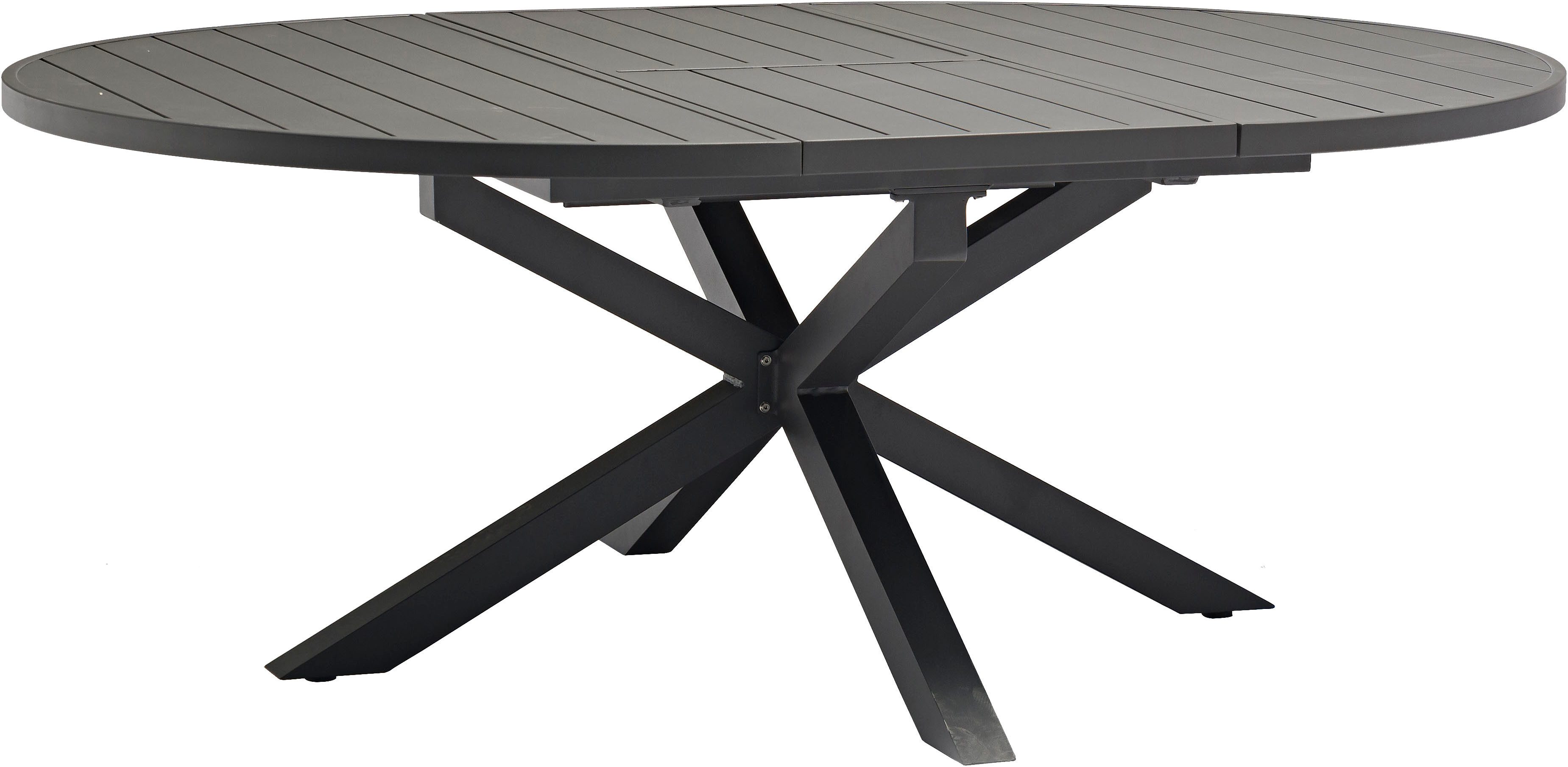 Destiny Garten-Essgruppe GARDA ARONA 4 HL + Ausziehtisch 120/170x120cm, anthrazit, (Set, 5-tlg., 4 Hochlehner stufenl. verstelb. inkl Polster 1 Tisch m. Synchronauszug), Aluminium