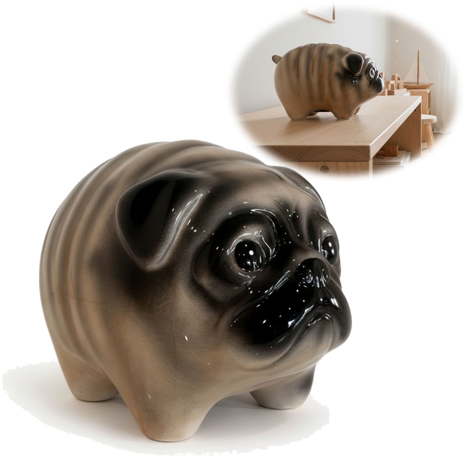 LS-LebenStil Spardose Keramik Hunde Spardose Mops 13cm Sparbüchse Sparschwein abschließbar, (das ideale Geschenk für Hunde Fans, 1-tlg)