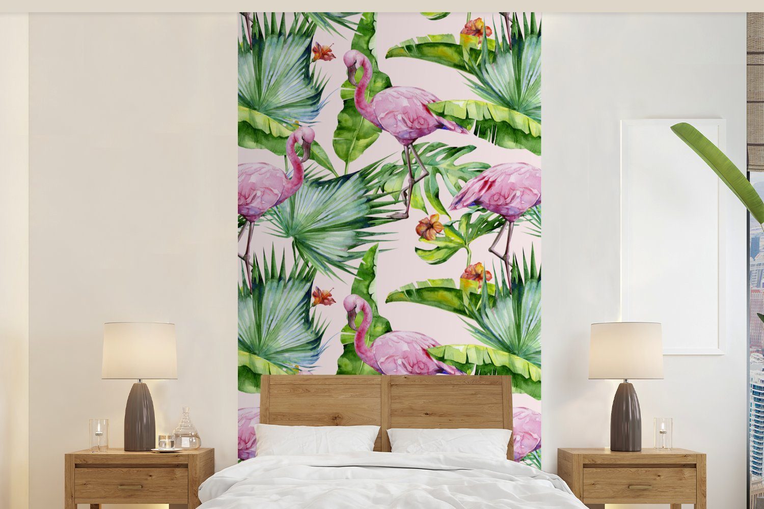 Matt, Pflanzen (2 Küche, Vliestapete MuchoWow - bedruckt, Fototapete St), Fototapete Schlafzimmer für Muster, Wohnzimmer - Flamingo