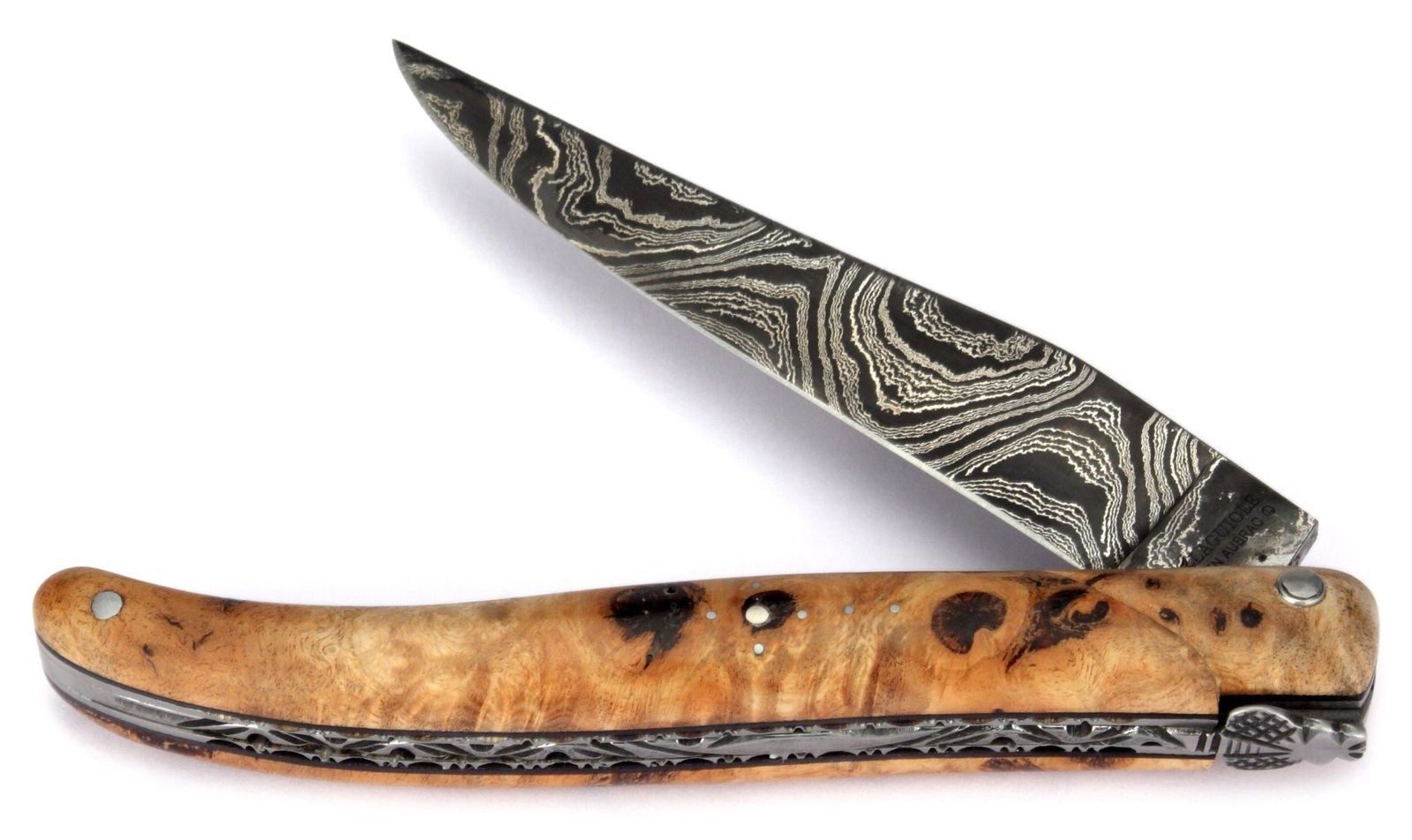 Laguiole en Aubrac Taschenmesser L0512WPH/FWB1, Griff 12cm Pappel Maserholz - Damastklinge - Platine verziert