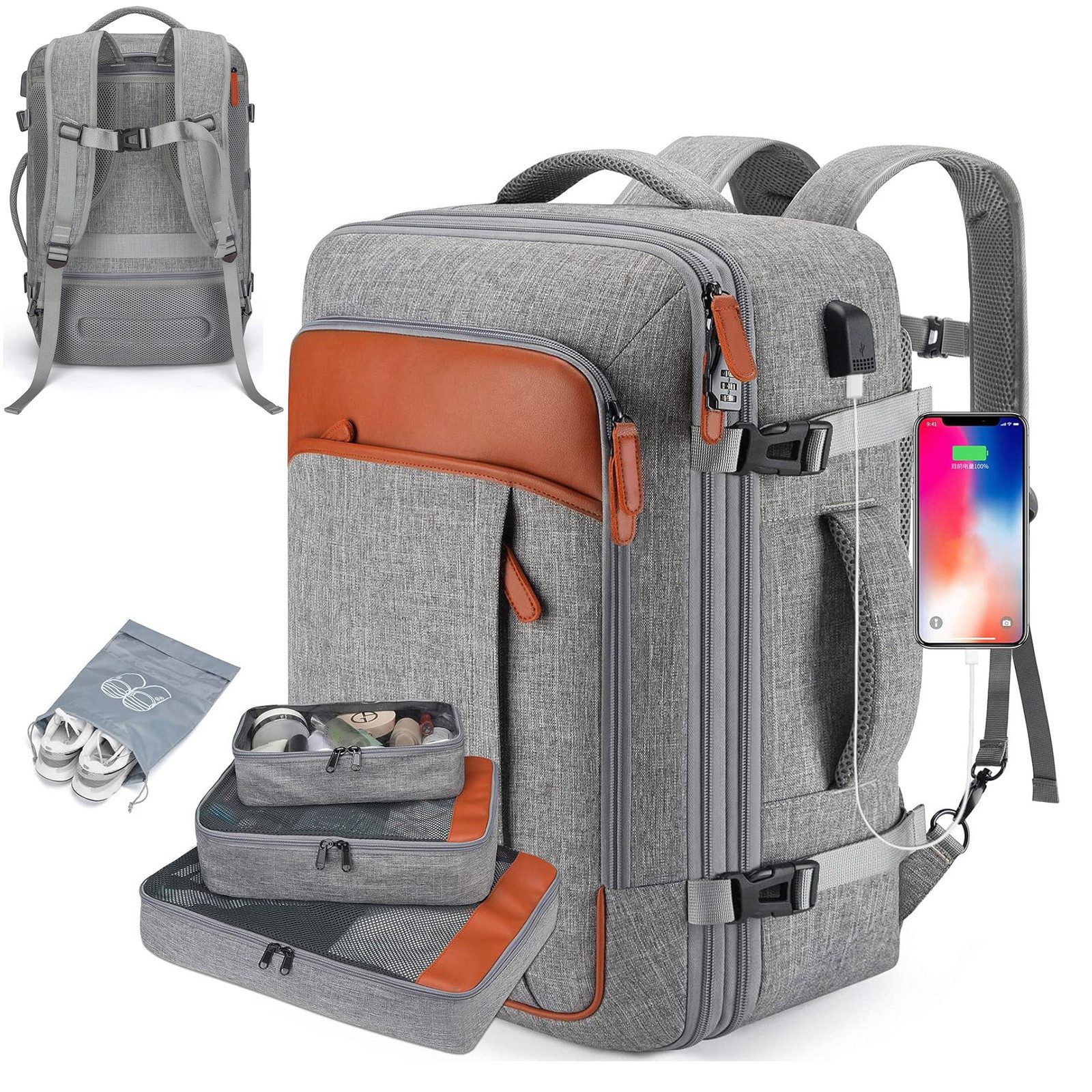 OKWISH Reiserucksack Laptoprucksack Freizeitrucksack Handgepäcktasche (mit 4 Aufbewahrungstaschen Reisen Multifunktion Tasche, Anti-Diebstahl, wasserdichtem Nylon, Schultergurten, mit Laptopfach), für Herren Damen Jungen Teenager Arbeit Business Unterwegs