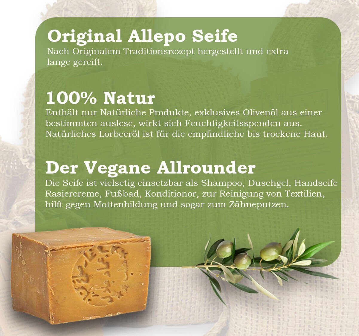Sibastore Seifen-Set Aleppo-seife Naturseife Bio Duschseife Seife Beauty Körperpflege, 1-tlg., Anti-Aging, volumenverstärkend, lang anhaltend, feuchtigkeitsspendend.