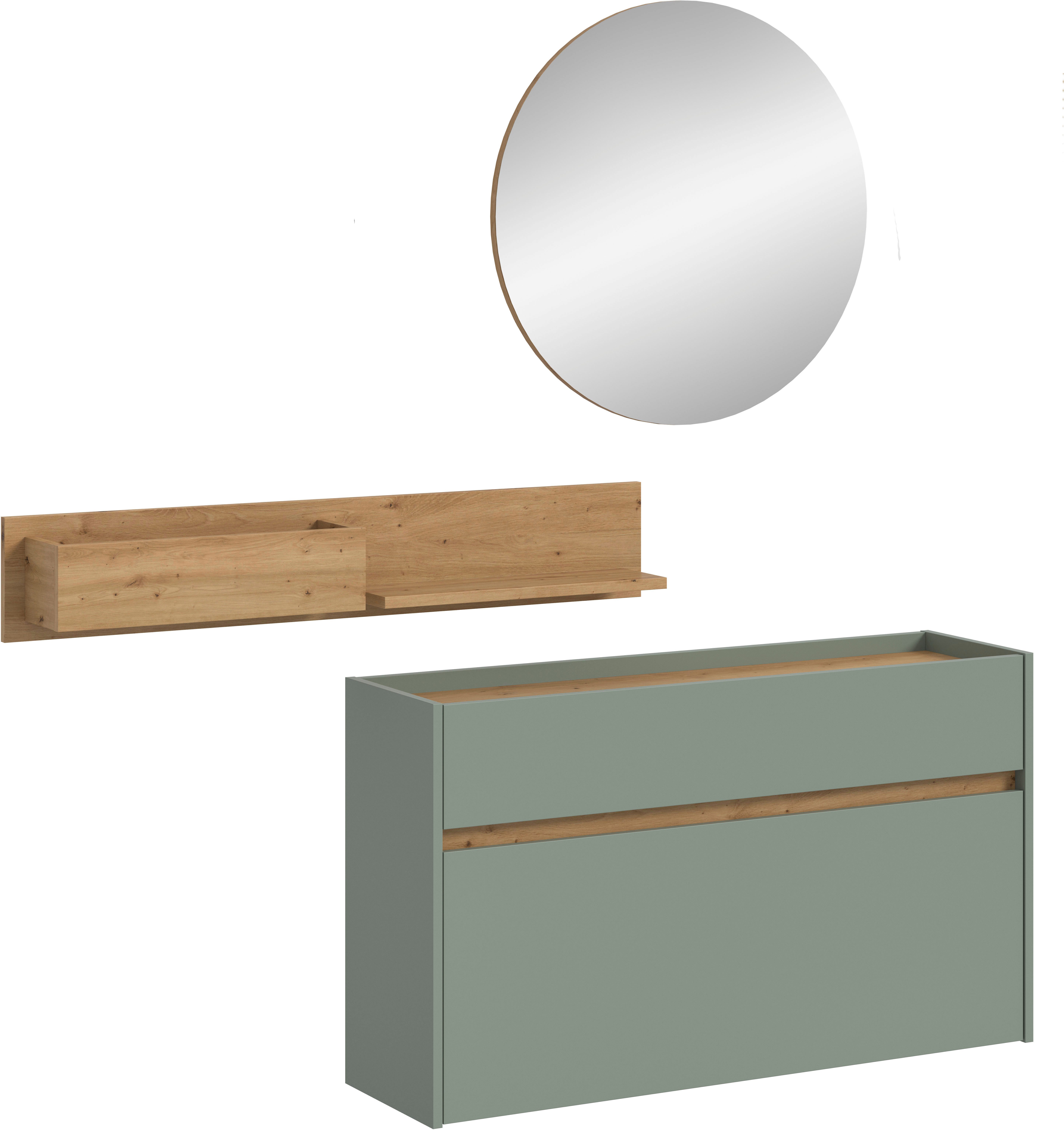 Home affaire Garderoben-Set EVRID, 3-teilig, Breite 140 cm, individuell hängbar & erweiterbar, (3-St., best. aus: Kommode, Wandboard & Spiegel), Garderobenkombination, Garderobe, Wandgarderobe, Flur, Diele