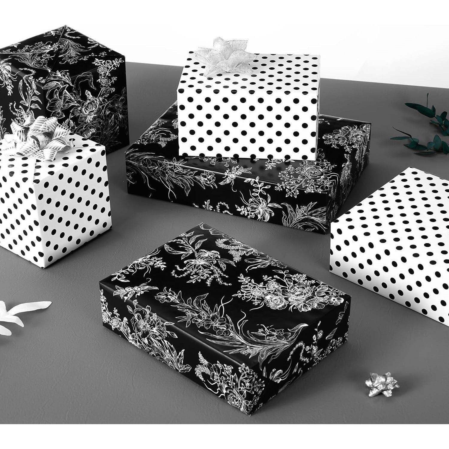 LuxusKollektion Geschenkpapier Geschenkpapier Blumenmuster Packpapier 43cm 10m Floral Weiß & Schwarz