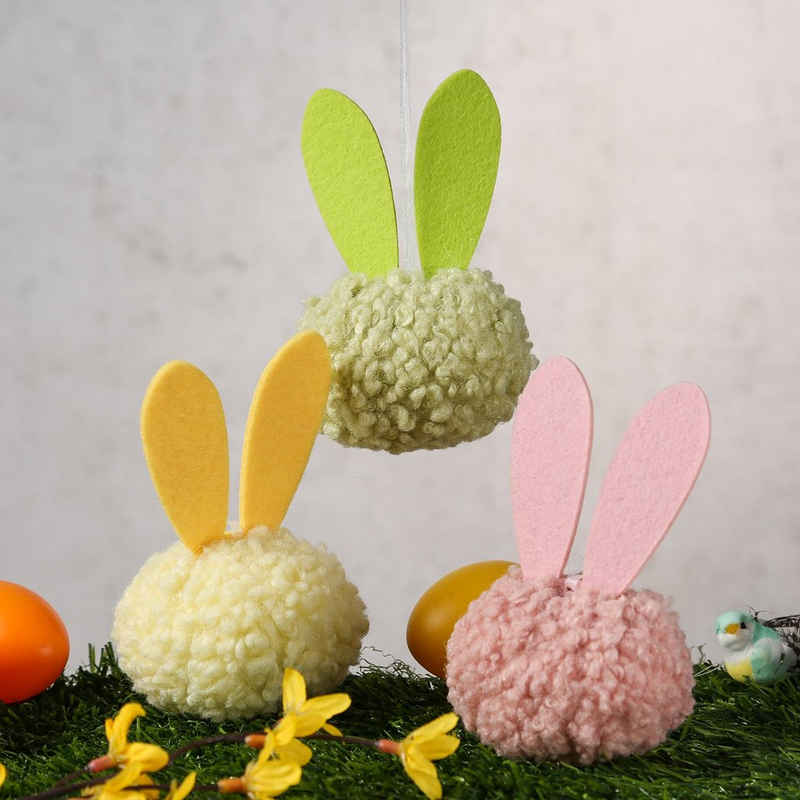 MARELIDA Osterhase Pompom Puschel Filzohren Ostern H: 12cm hängend Dekofigur 3er Set (3 St)