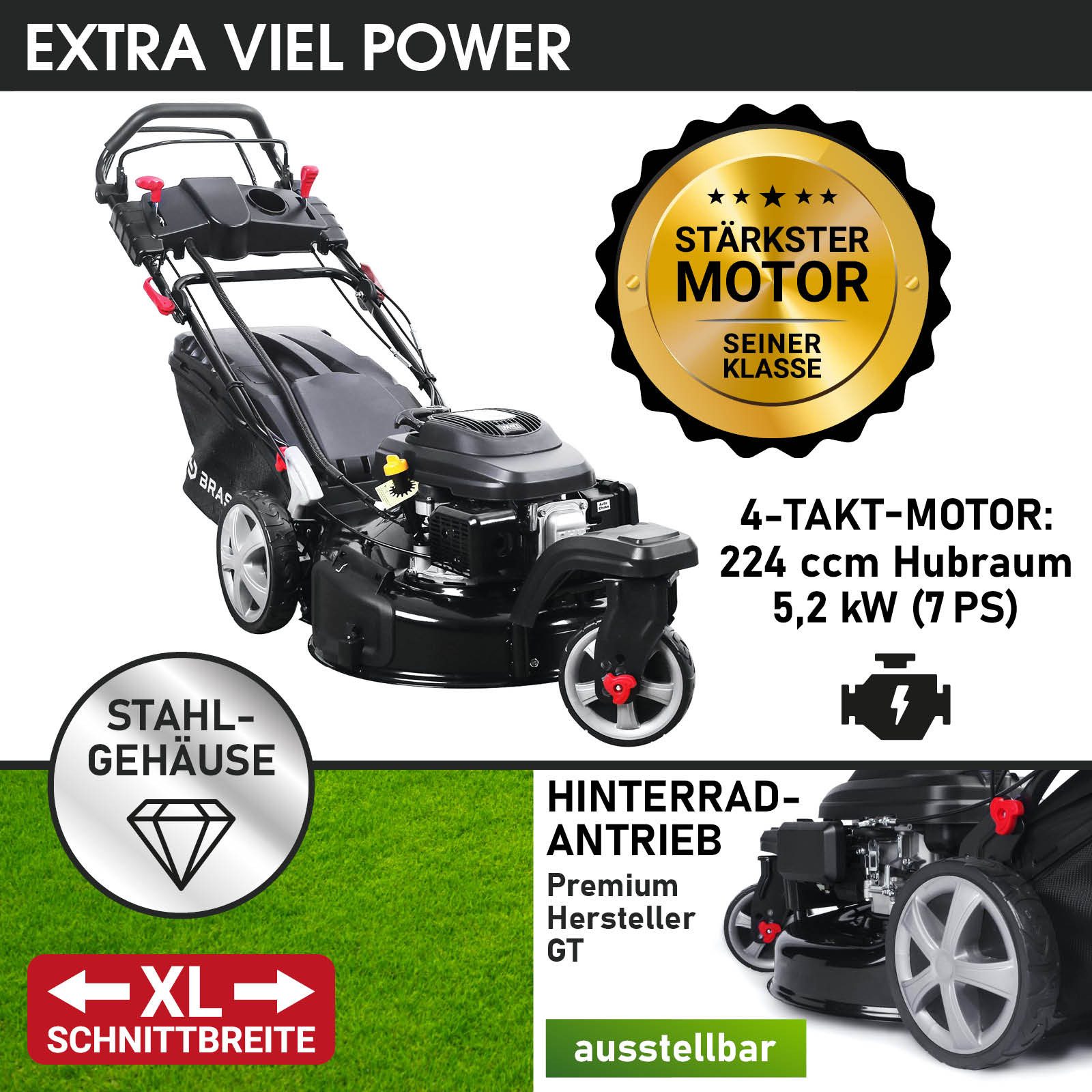 BRAST Benzinrasenmäher Trike mit Antrieb 5,2kW(7PS), Elektrostart, 4 Takt OHV Motor, TÜV, 53 cm Schnittbreite, 30-80mm Schnitthöhe, 60L Fangkorb, Stahlgehäuse