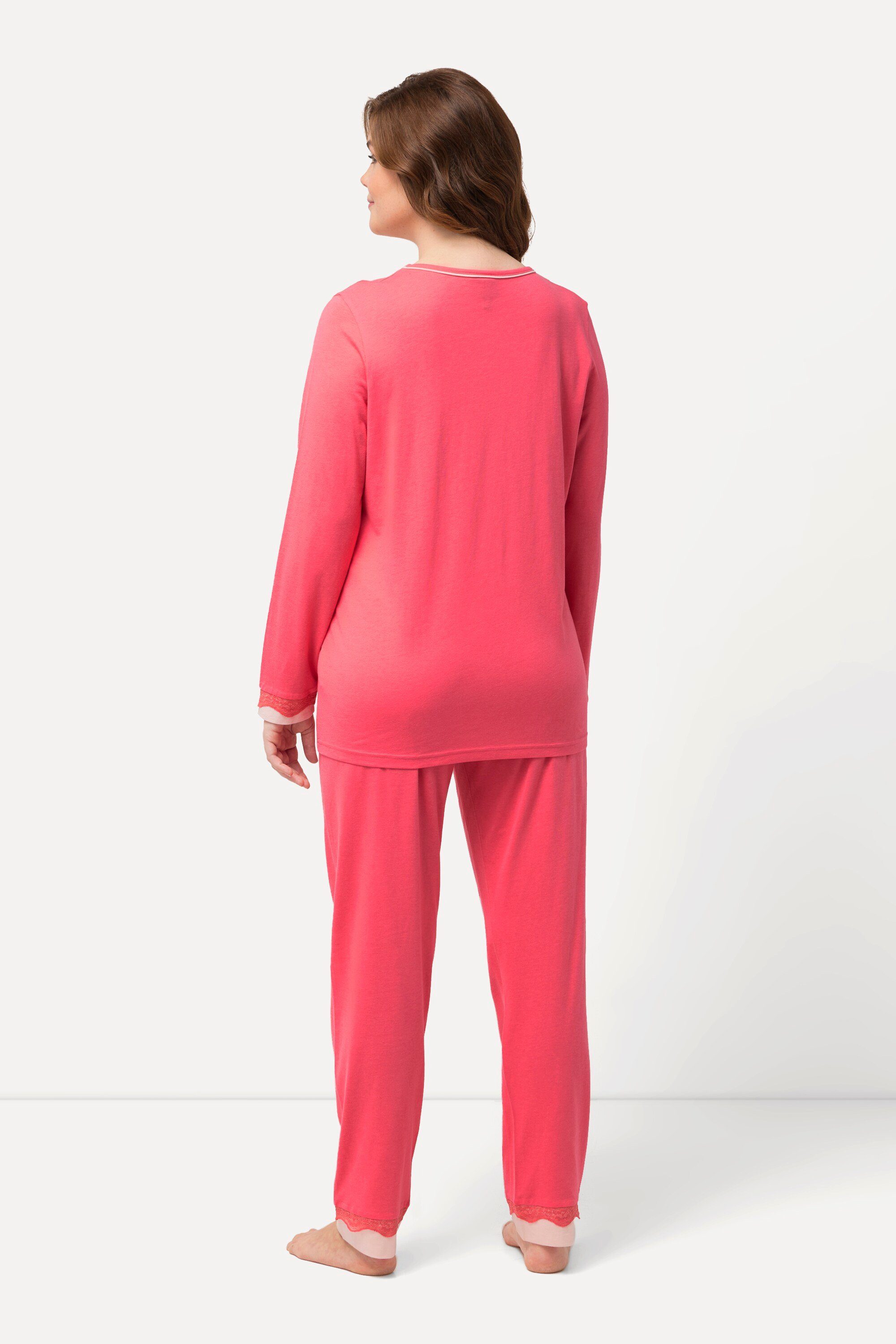 Ulla Pyjama Popken Langarm flamingo Spitze Rundhals Pyjama