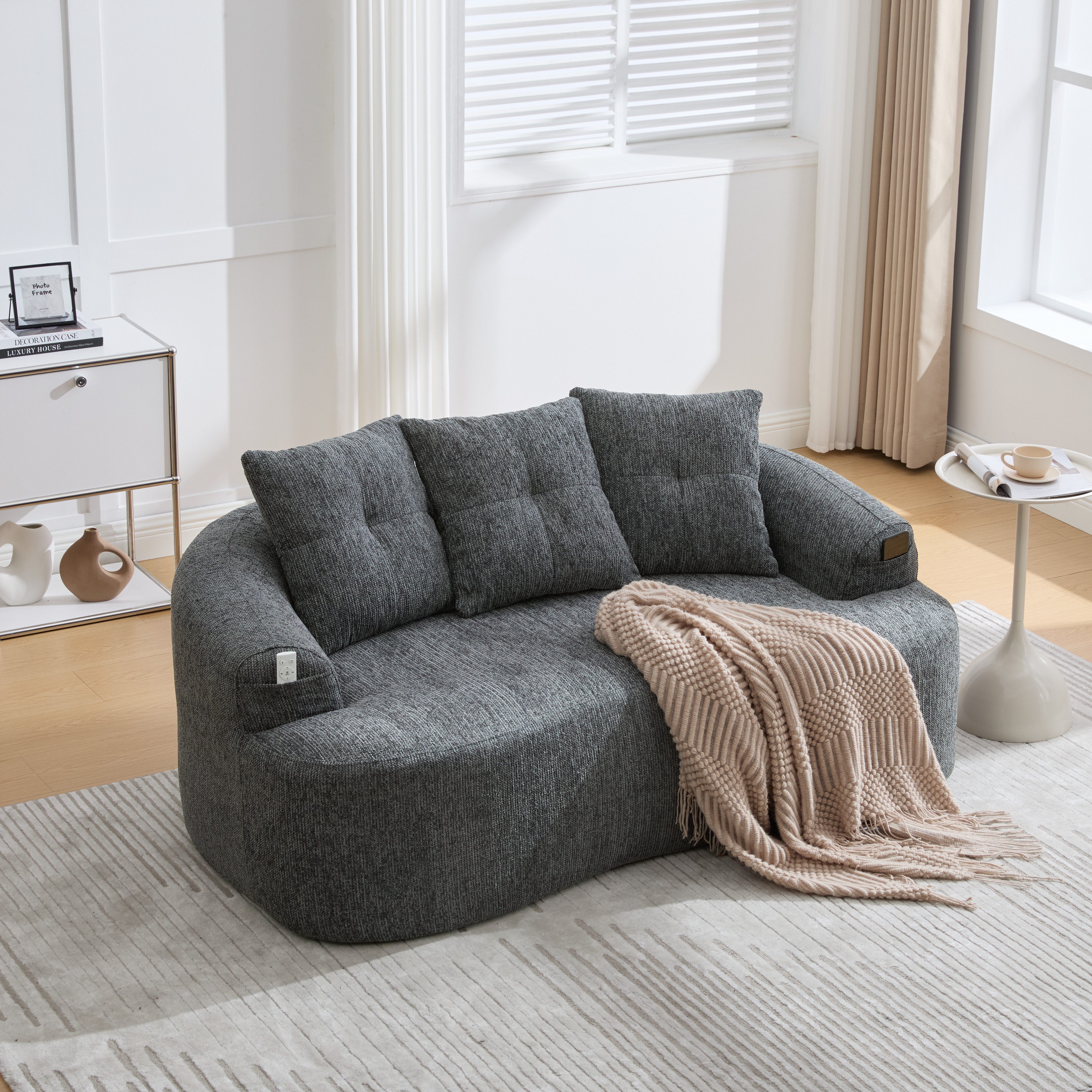REDOM Sofa kompaktes Design ohne Federkern, inklusive drei Zierkissen, mit geschwungener Form, Chenille-Kissen im Wolkenmuster, Loungesofa