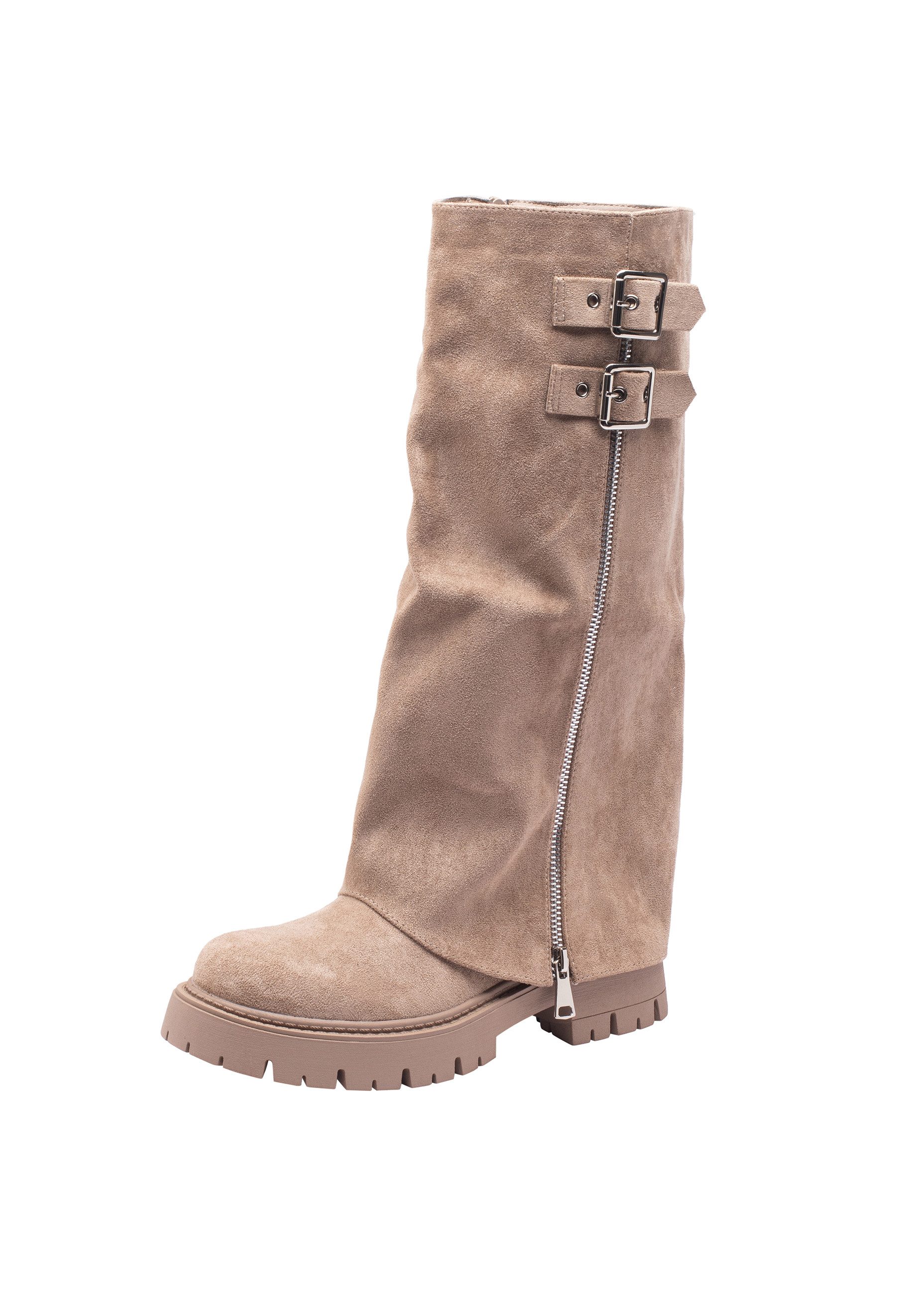 Salinyang Damen Stiefel mit Overlay-Schaft, Schnallenriemen & Profilsohle Stiefel