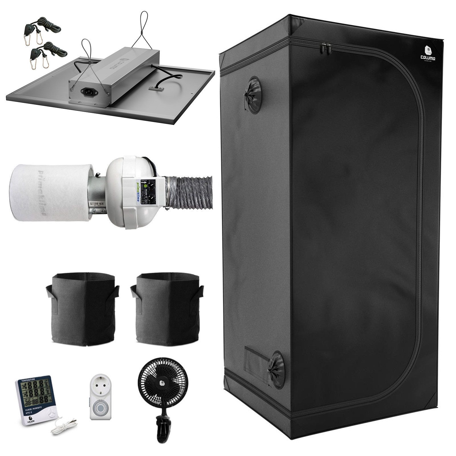 Green Spirit Gewächshaus Growbox Komplett Set Deluxe M, PK Lüfter, 80x80 cm, 240W LED, Growzelt, BxTxH: 80 x 80 x 180 cm, Komplettset, Zelt, Lampe, Lüfter, Filter, Hygrometer, Töpfe, Ventilator, Schloss, 80x80x180 cm, 240W LED, Prima Klima PKVS-100-TC Lüftungsset