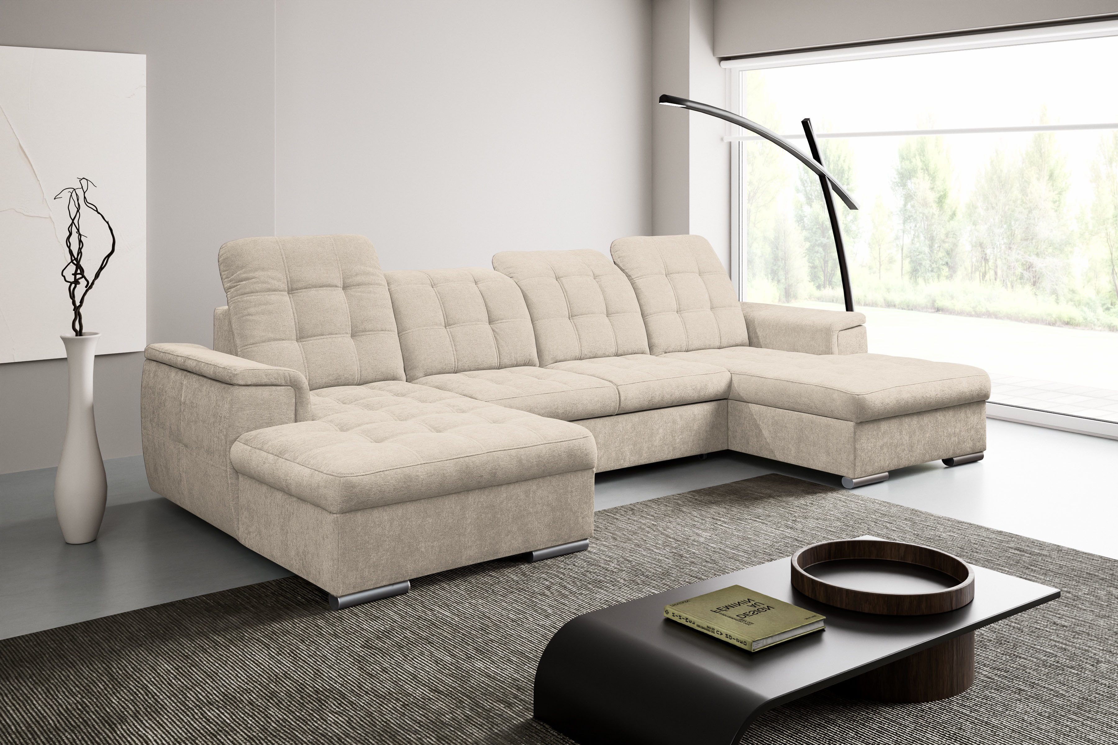 WERK2 Wohnlandschaft Napoli 330 x 174 cm zeitlos modern und bequem, U-Form, XXL, Schlaffunktion, Bettkasten, verstellbare Kopfteile