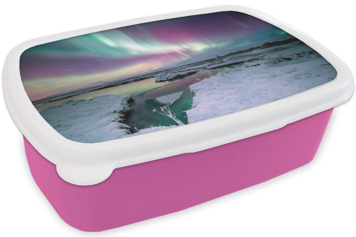 MuchoWow Lunchbox Nordlichter - rosa Mädchen, Eis Brotdose (2-tlg), Kinder, Schnee, - Snackbox, Kunststoff für Brotbox Erwachsene, Kunststoff