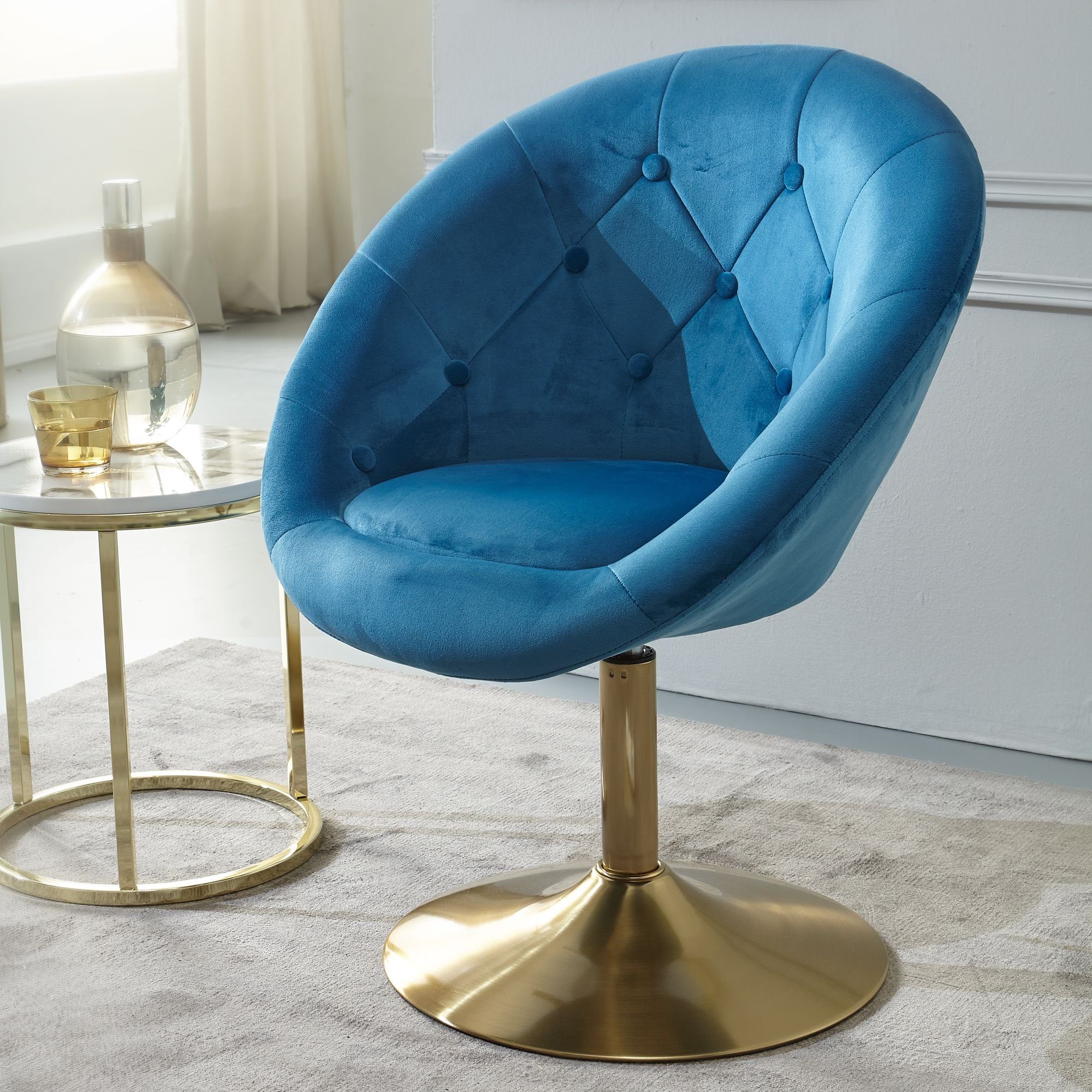 FINEBUY Polsterstuhl FB24204 (Samt Blau / Gold Design Drehstuhl mit Rückenlehne), Clubsessel Lounge, Relaxsessel Loungesessel Blau | Blau