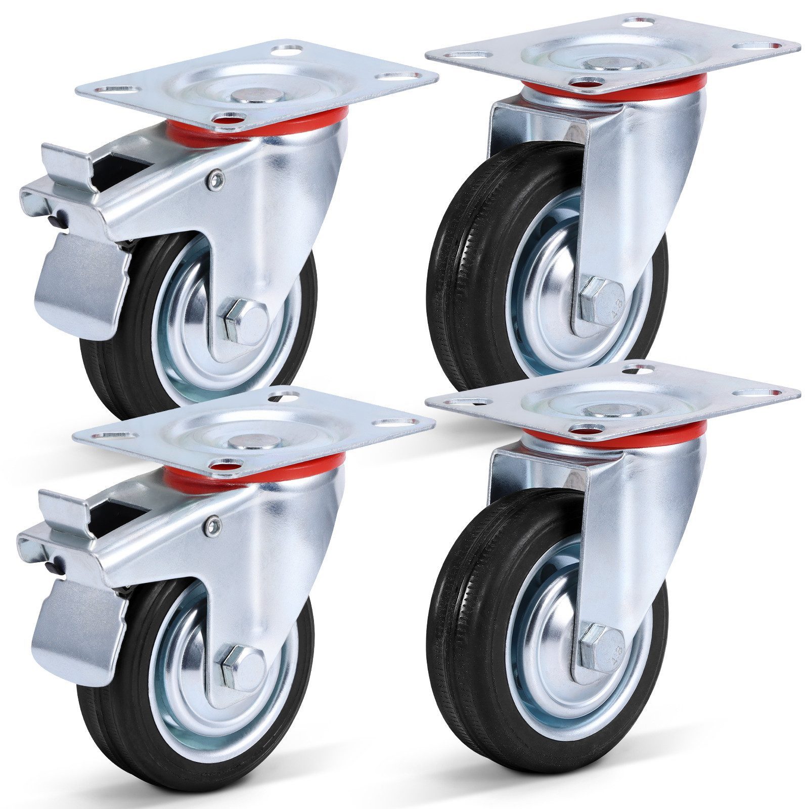 BlingBin 4er Set Transportrollen 200 mm-Vollgummi Industrierollen mit Bremse, (4er Set, 4-St., Spezifikation: 8 Zoll Raddurchmesser: 200 mm), drehbar, Kugellager für Werkzeugwagen, Transportroller Palettenmöbel