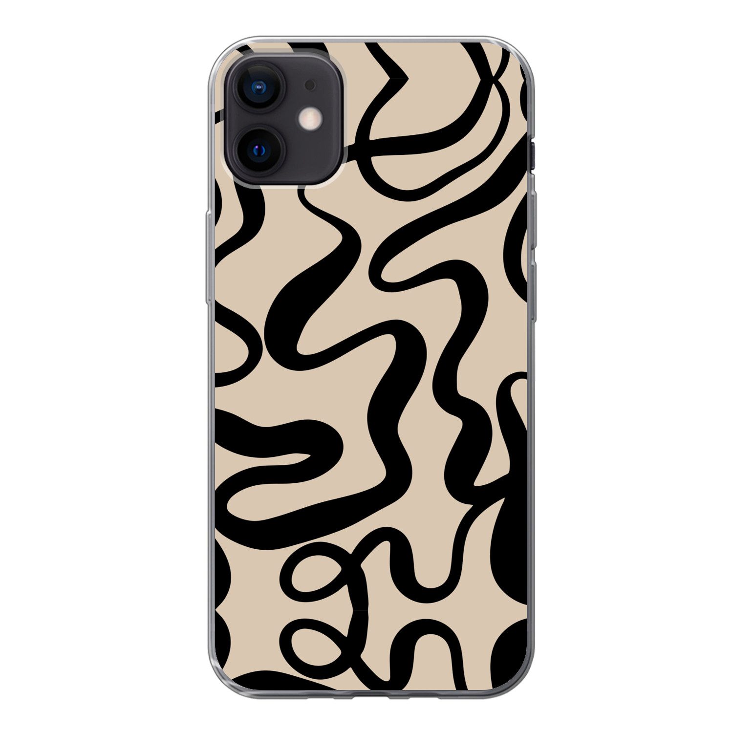 MuchoWow Handyhülle für Apple iPhone 12 mini Linien - Schwarz - Beige - Abstrakt - Minimal, Smartphone-Bumper, Print, Handy Schutzhülle Dünn
