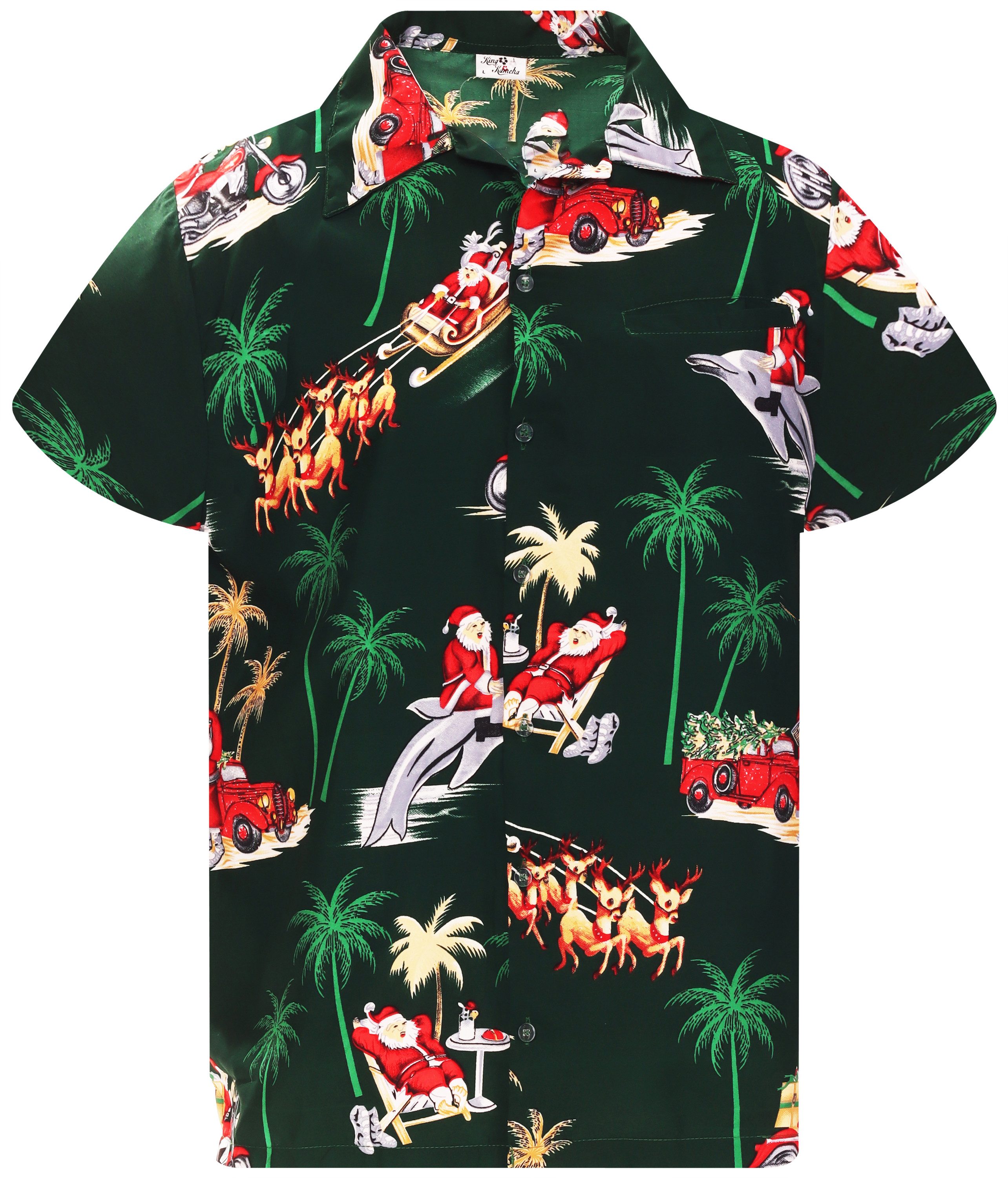 King Kameha Hawaiihemd Christmas Dolphin Santa Kurzarm Front-Tasche Unisex