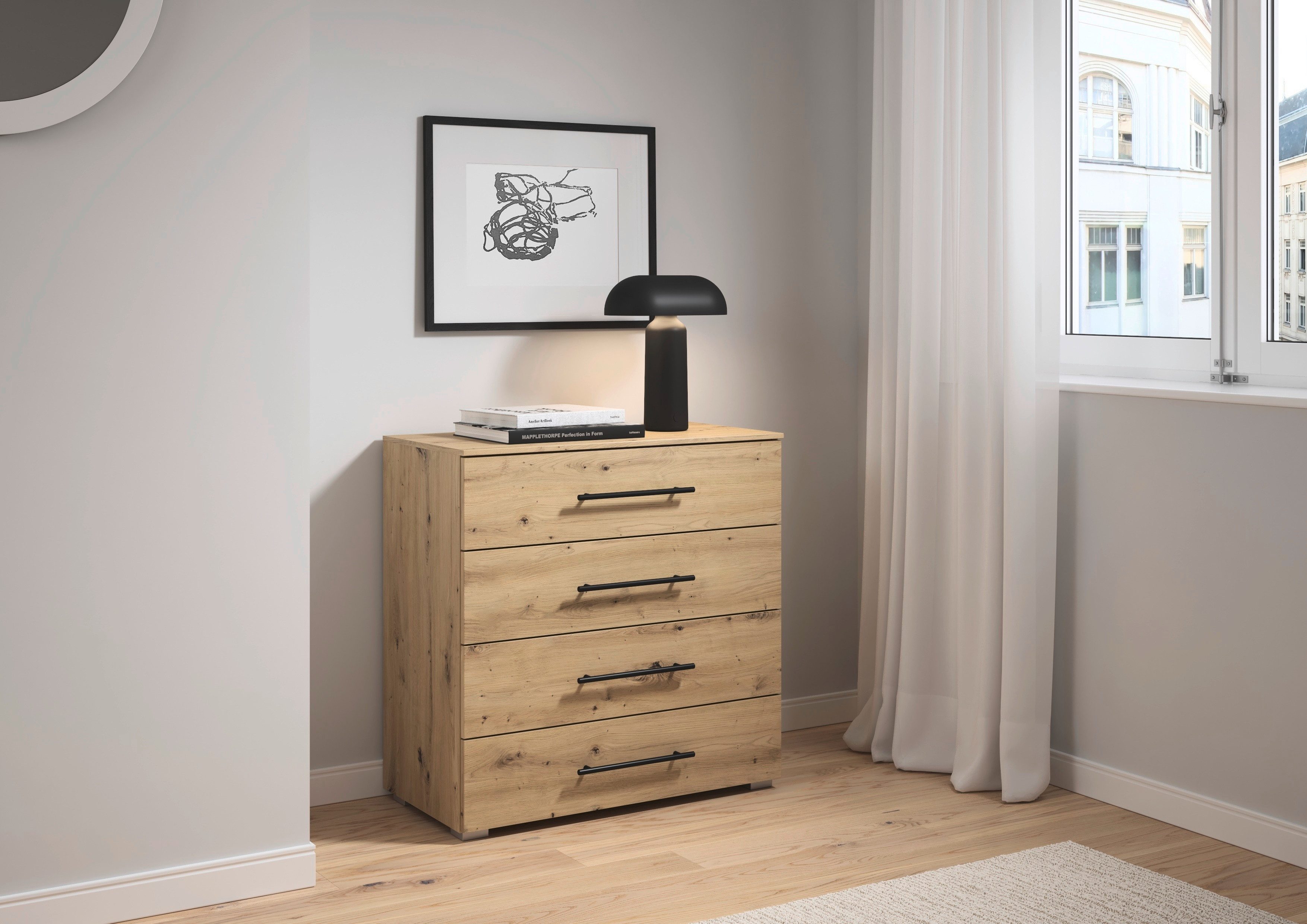 rauch Schubkastenkommode Sideboard Schubladenkommode AVOLA mit Dekorfront (Breite 80 cm inkl. Soft-Close-Funktion), vier große und geräumige Schubladen mit viel Stauraum MADE IN GERMANY
