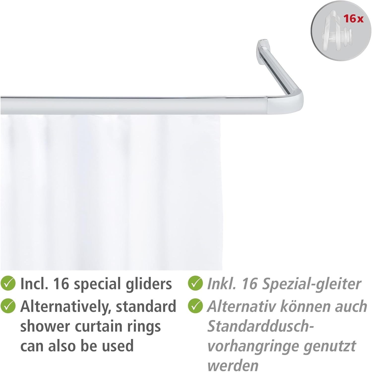 LikeKa Duschvorhangstange U Form L-Form mit Duschvorhang, Textil;Gleitern und Deckenhalterung, Barrierefrei, behindertengerecht Bequemes durchschieben des Vorhangs